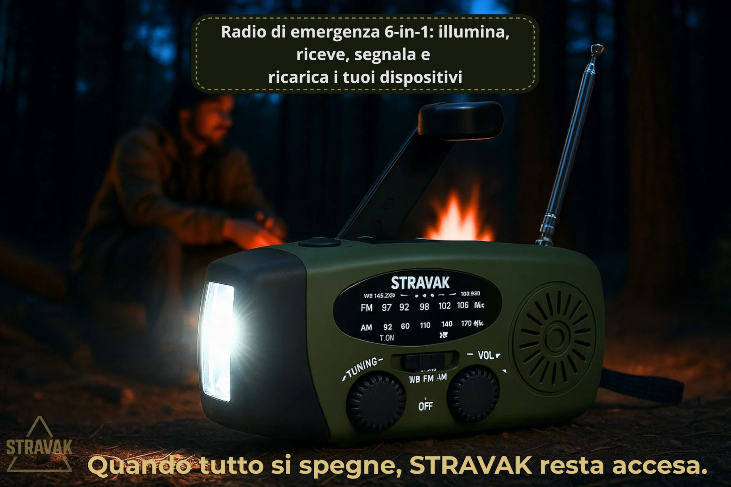 Radio di emergenza solare a manovella con torcia LED, power bank USB-C 2000 mAh e sirena SOS