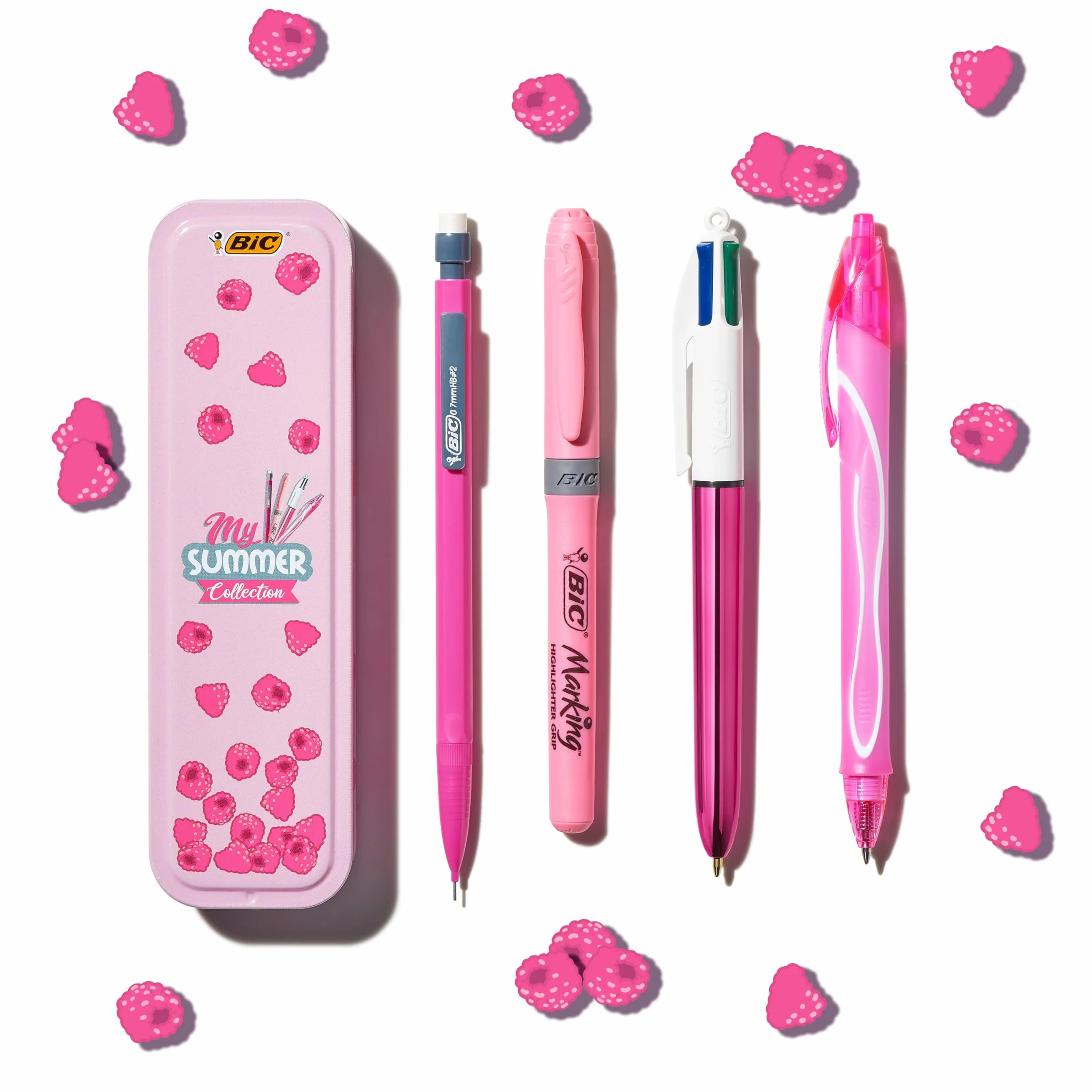 Bic My Summer Collection Pink Box, Penna Gel Quick Dry A Sfera A Scatto 4 Colori, Matita Con Gomma Matic Fun (0.7Mm), Evidenziatore Pastello Rosa Grip Pastel, 4 Unità