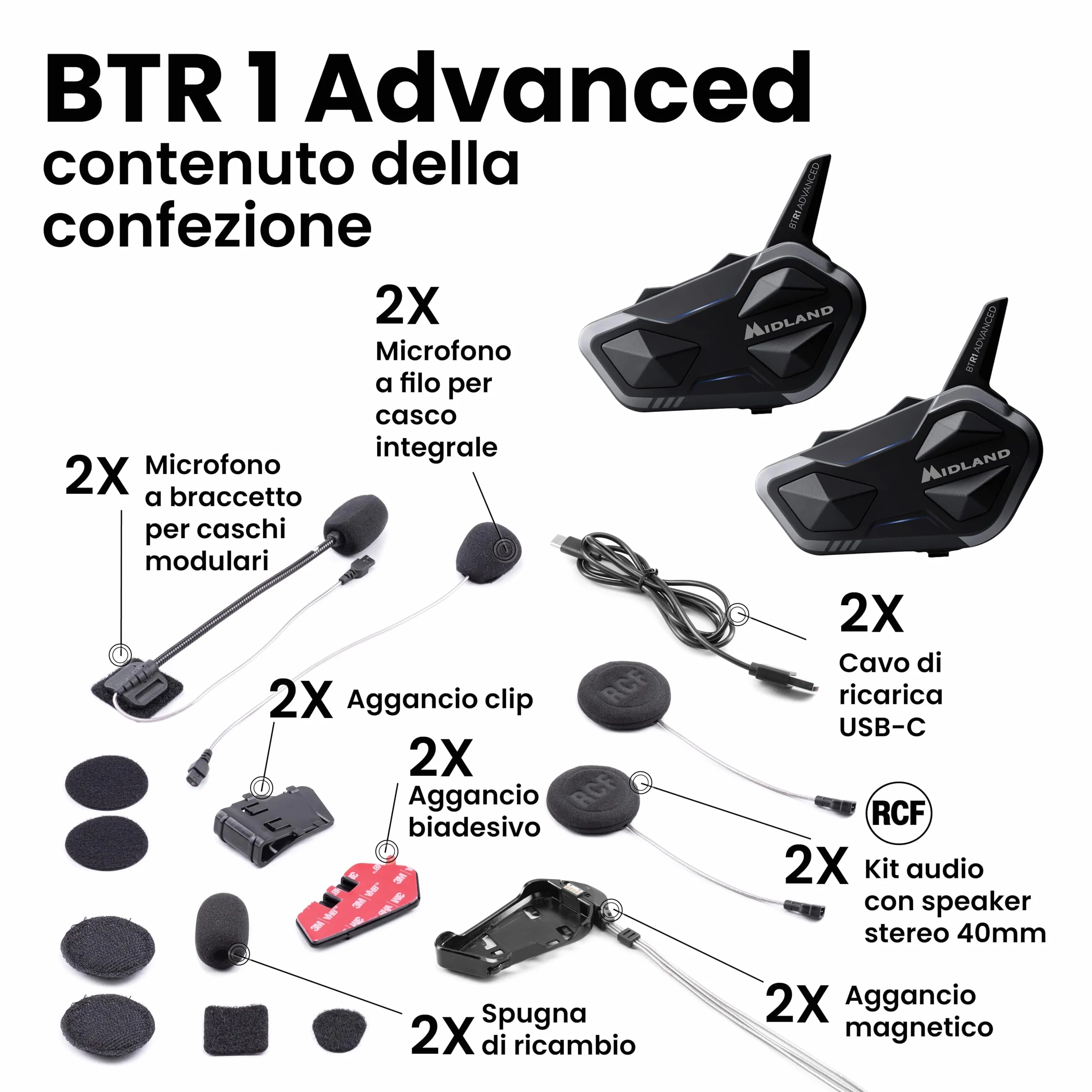 Midland BTR1 Advanced Twin Interfono Moto Bluetooth Impermeabile IPX6 1,2km 4 Persone Conference Batteria 23h Audio HD