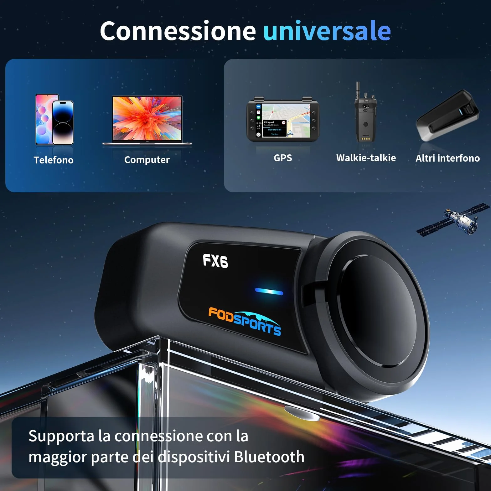 Fodsports FX6 Interfono Moto Coppia, Auricolari Bluetooth Casco mit FM Radio, 1000M Comunicazione 2-6 Motociclisti, IP65, Riduzione Rumore