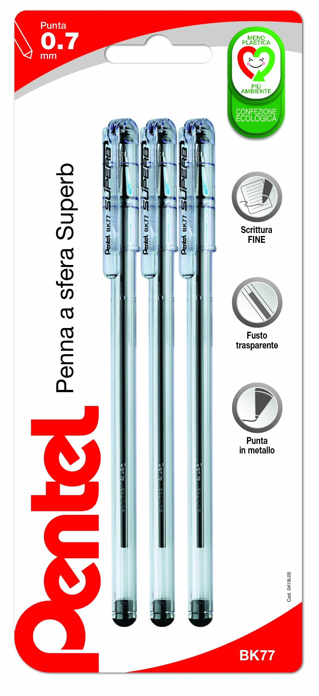 Pentel BK77 Superb penna a sfera punta fine 0,7 mm nero, 3 pezzi