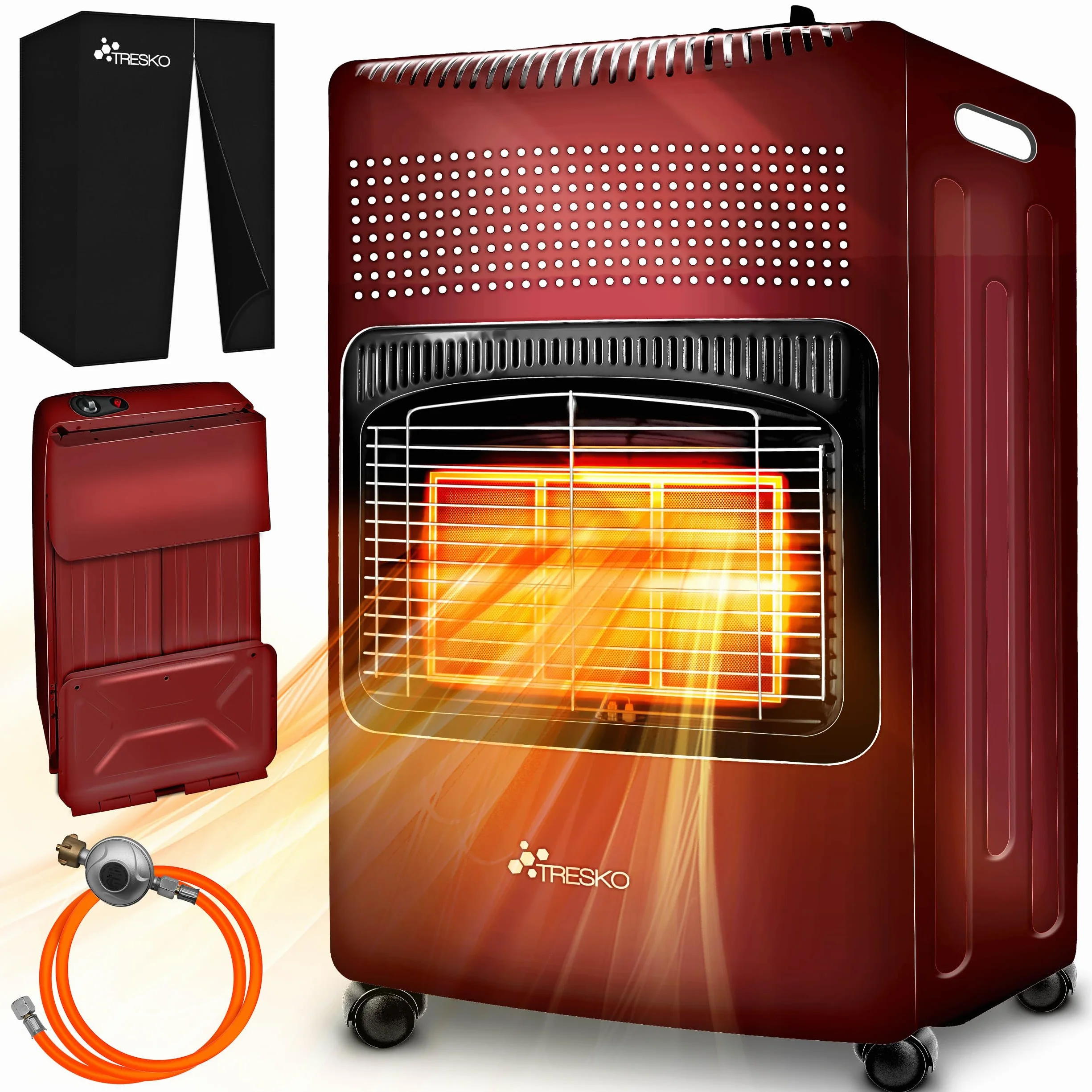 TRESKO Stufa a Gas 4200 Watt, Riscaldatore con Regolatore di Pressione, 3 Livelli, Rosso