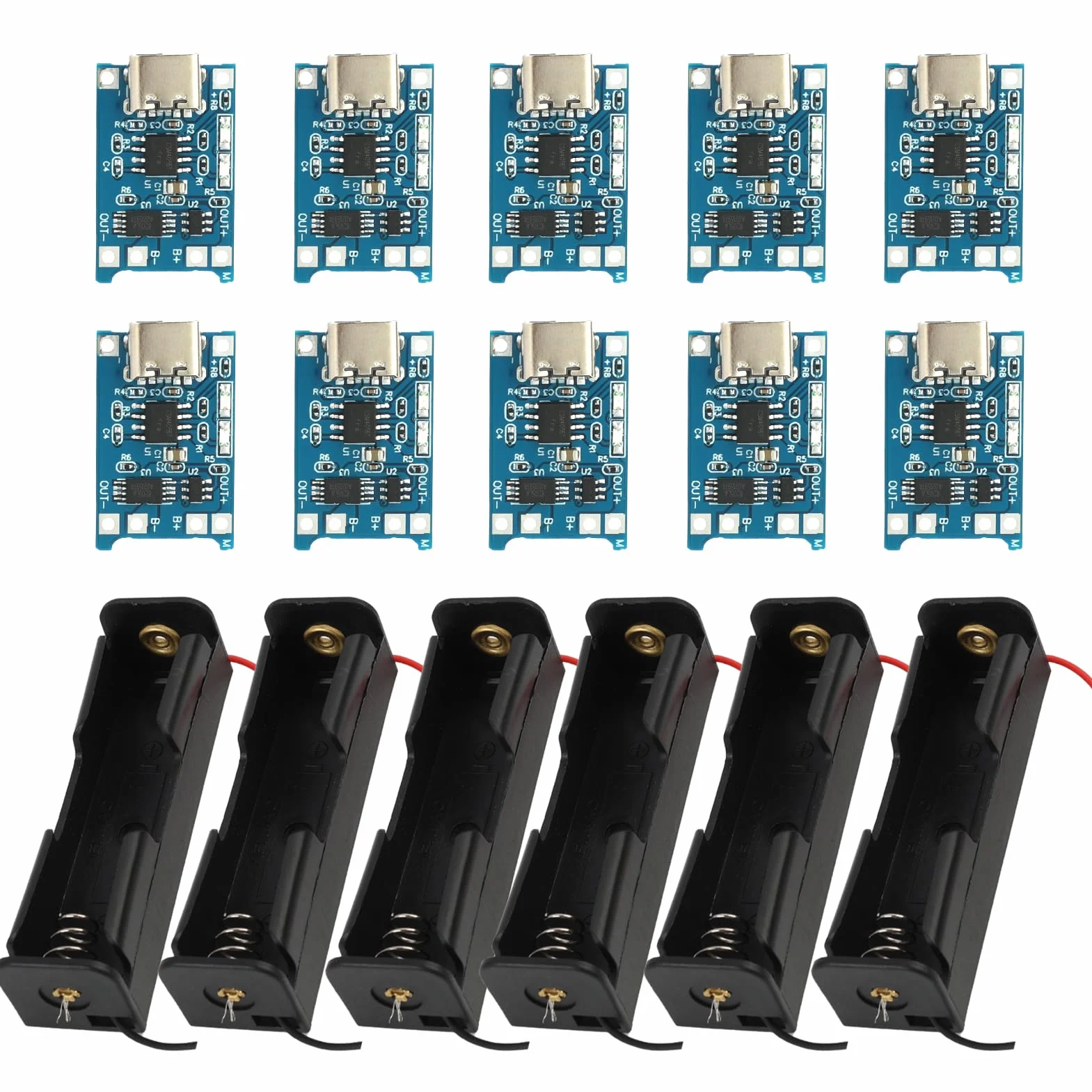 USB Type-C 5V Modulo di Ricarica Protezione Doppia, 6 Supporti per Batteria 3.7V Collegamenti a Filo, 10 Pezzi Pannello di Ricarica
