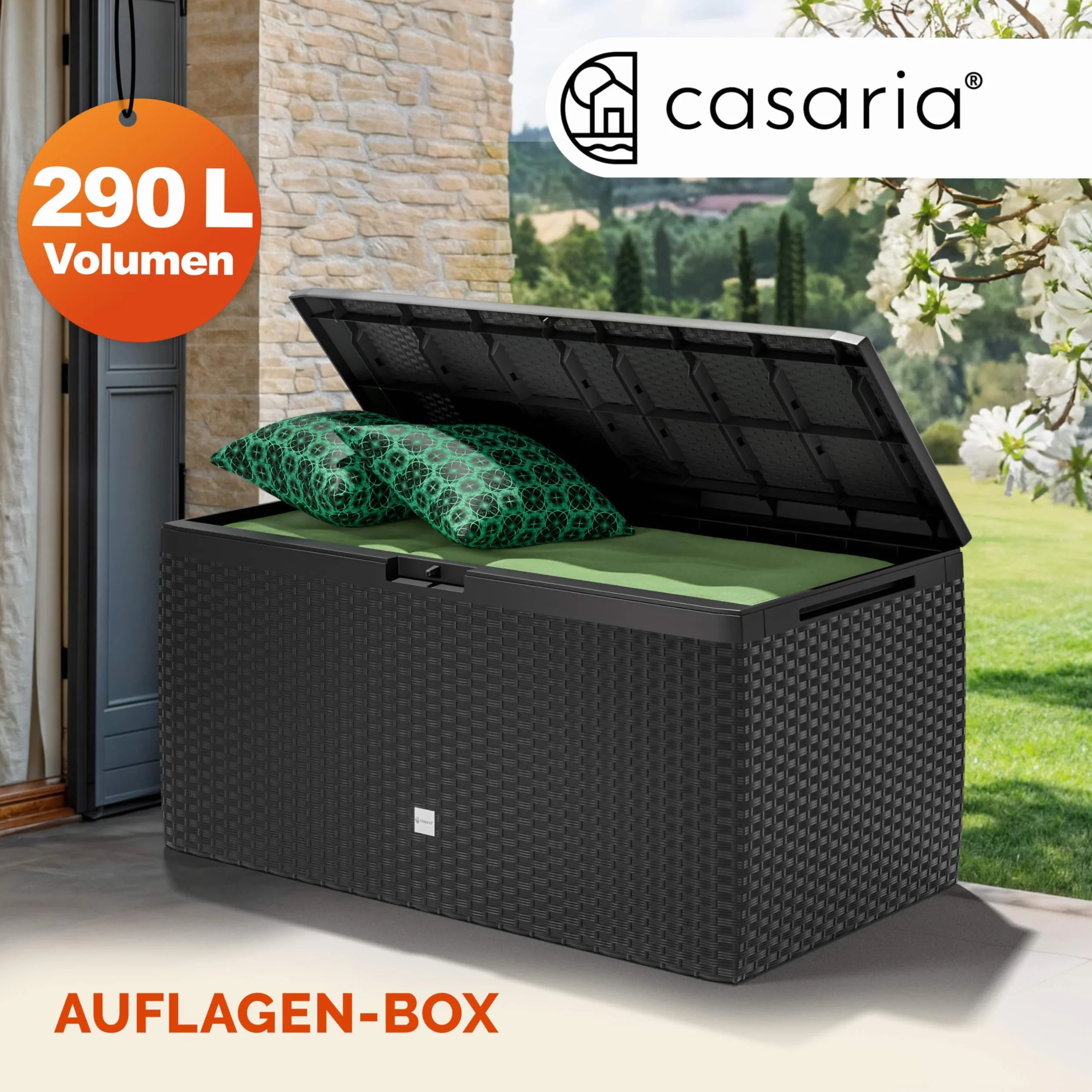 Casaria® Baule da Giardino 117x47x60cm Aspetto Polyrattan 290L Box Multiuso Multibox Cuscini 6 Ruote Coperchio Esterno