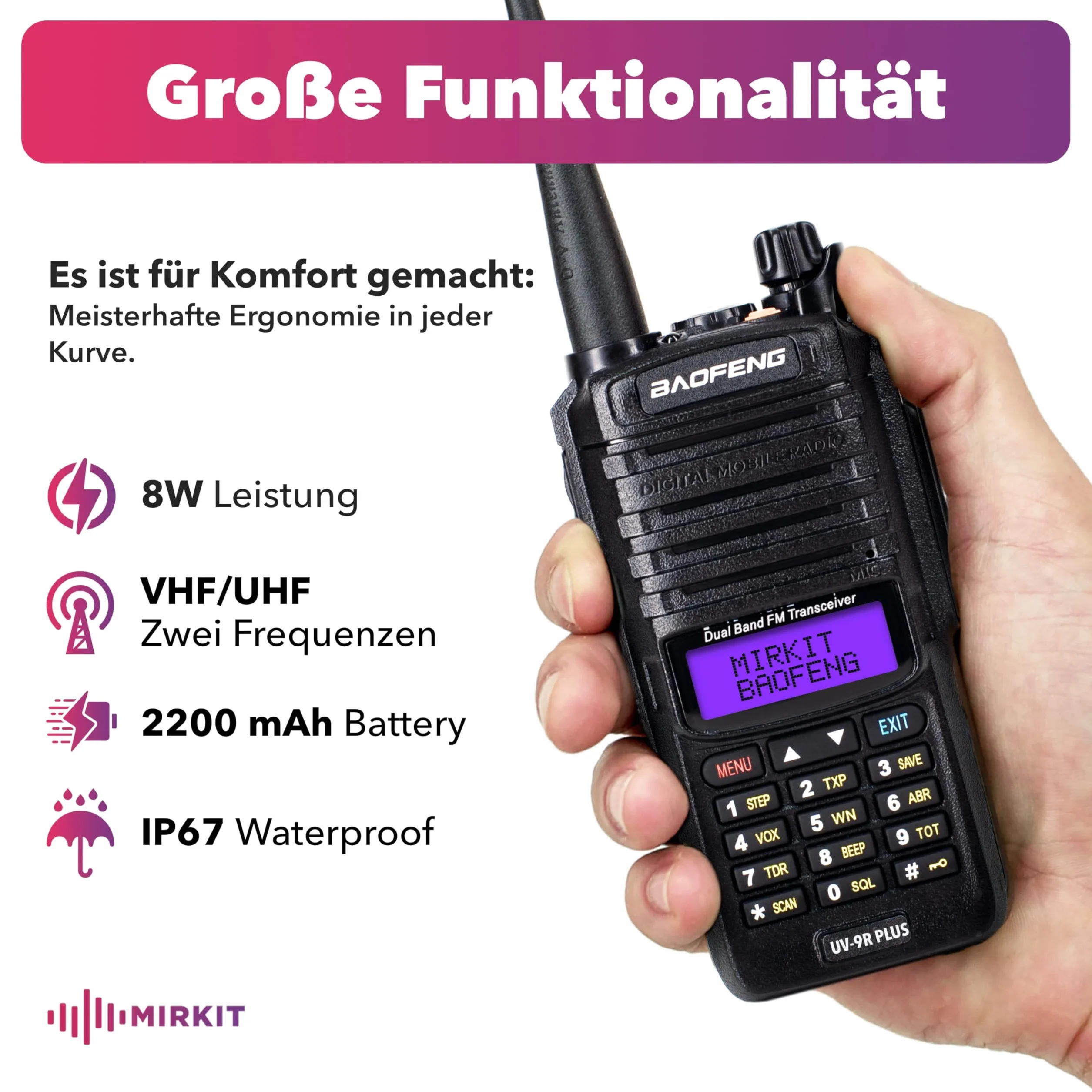 MIRKIT Radio impermeabile UV-9R Plus MK1 Dual Band 2200 mAh