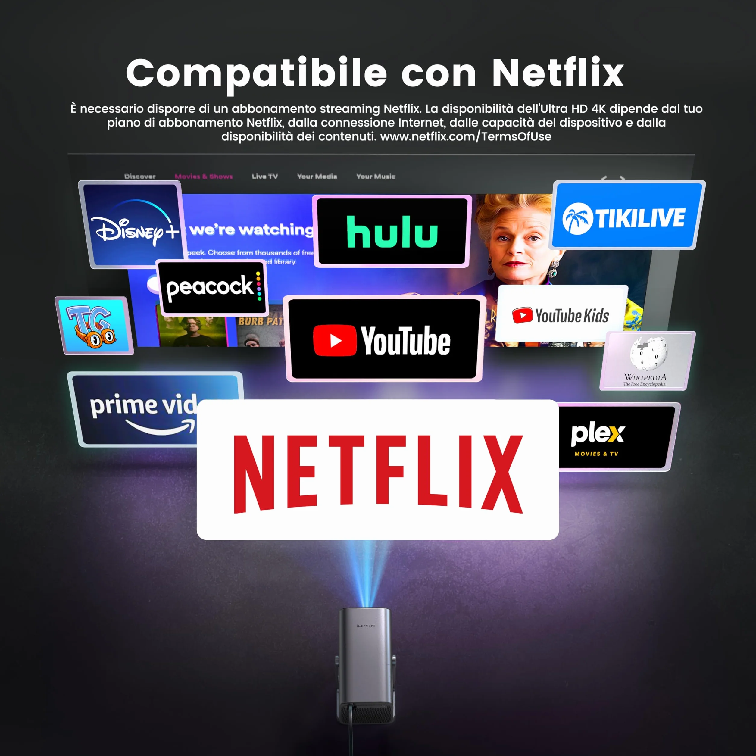 Proiettore 4K Smart TV 800 ANSI Auto Focus WiFi Bluetooth Tiro Corto Dolby Home Cinema