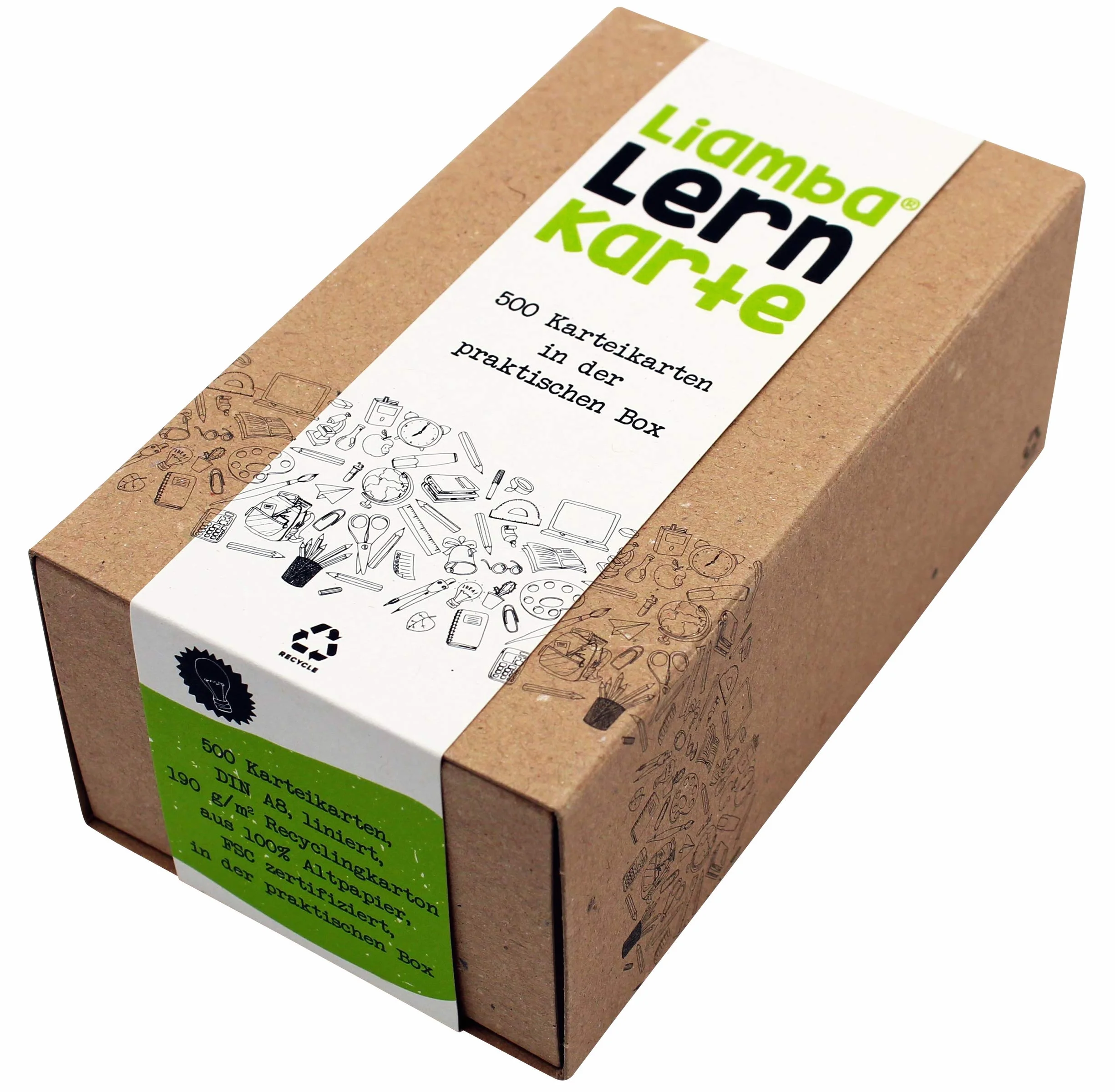 Flashcard DIN A8 7,4 x 5,2 cm 190 g/mq a righe certificate FSC scatola in cartone riciclato prodotto in Germania