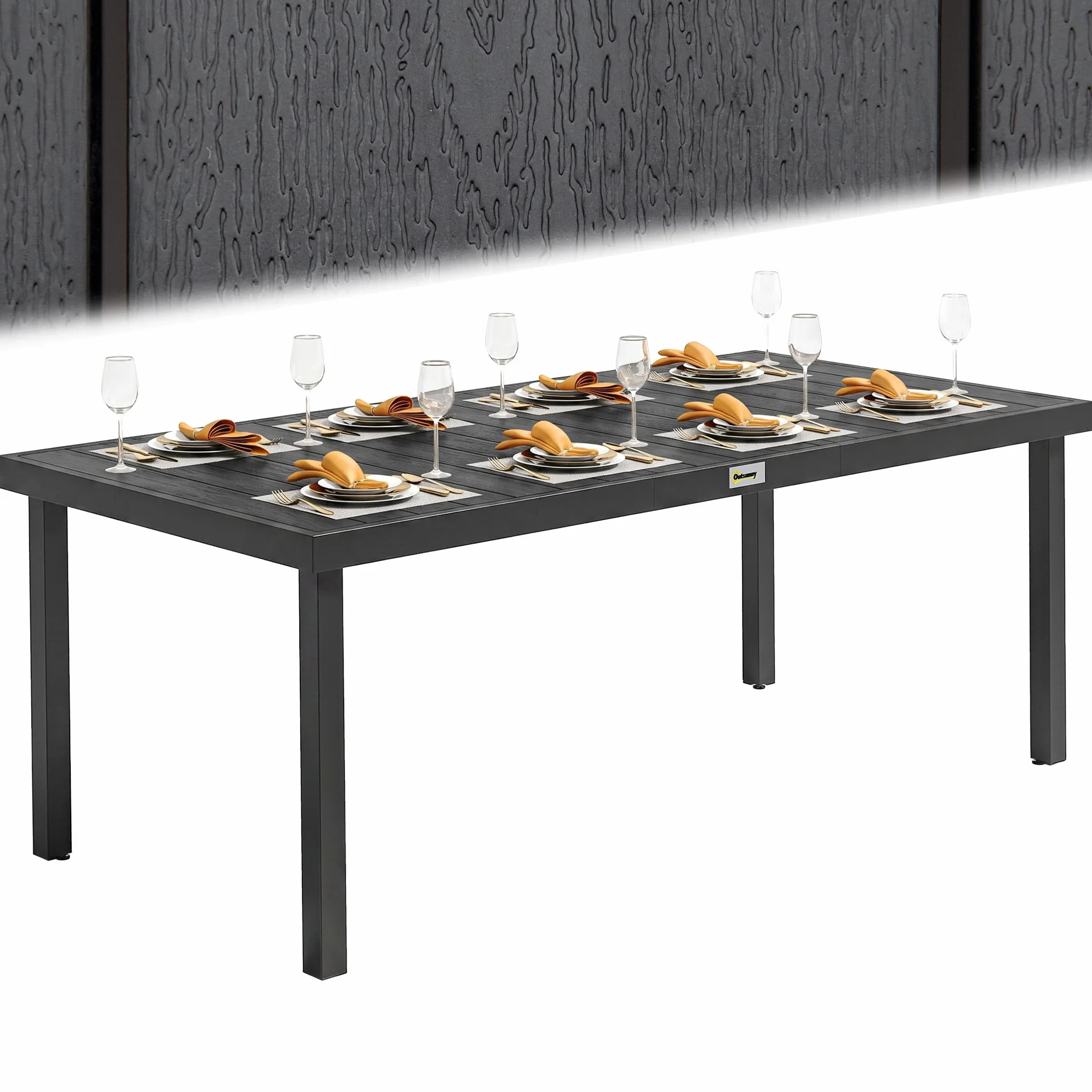 Outsunny Tavolo da Giardino con Piano Effetto Legno 190x90 cm per 8 Persone, Tavola da Pranzo da Esterno Rettangolare in Alluminio e Plastica, Per Patio, Terrazzo, Balcone, Nero