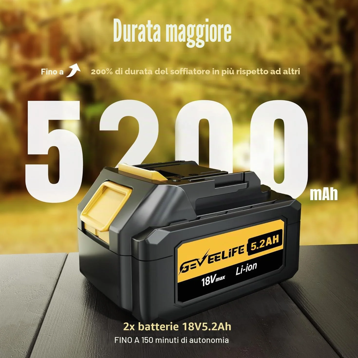 GEVEELIFE Soffiatore elettrico a batteria, 18 V, 257 km/h, con batterie a 3 marce e 2 batterie da 5,2 Ah, senza fili, per giardino, foglie, polvere e neve (batteria inclusa), giallo