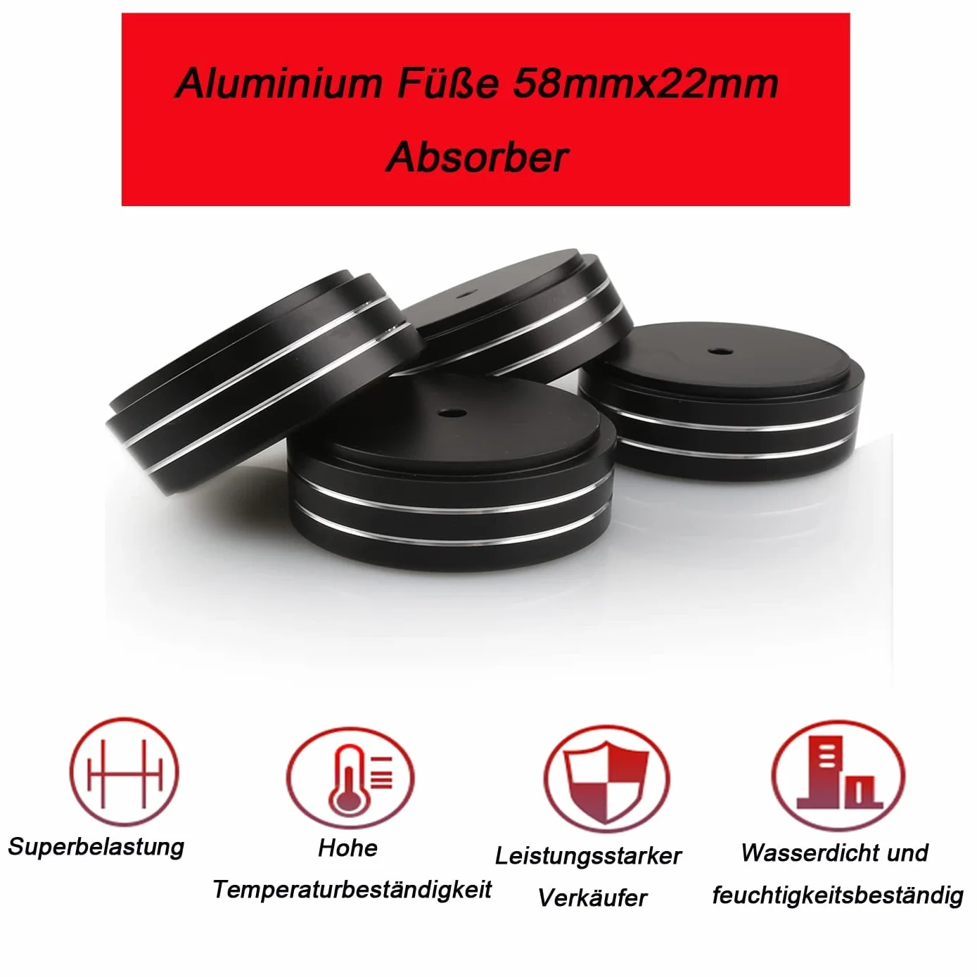Piedini in alluminio 58x22 mm ammortizzatori vibrazioni HiFi nero con viti e anelli antiscivolo