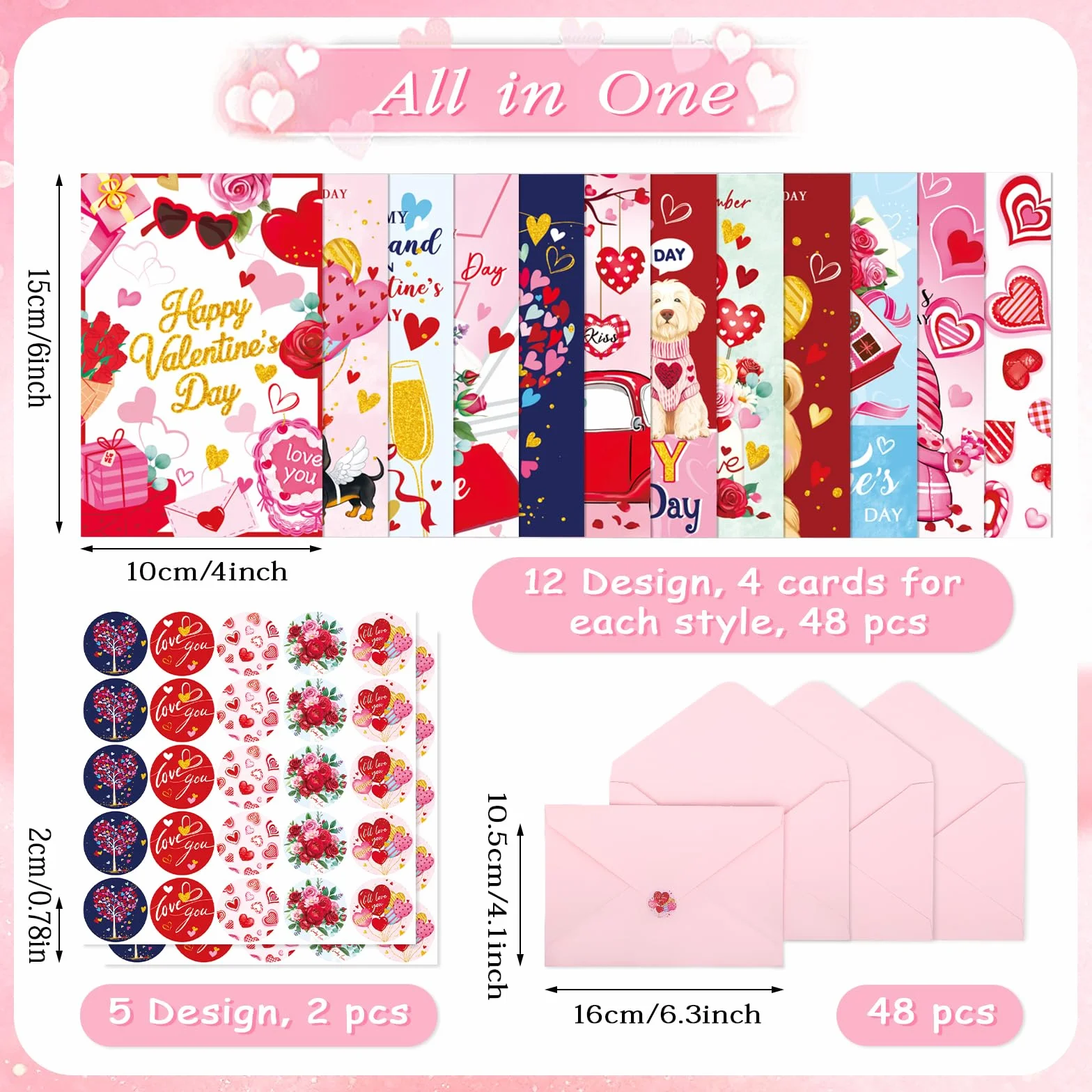 48 Biglietti di San Valentino 12 Design Unici con Adesivi e Buste Rosa 4x6in Cartolina per Marito Moglie Famiglia