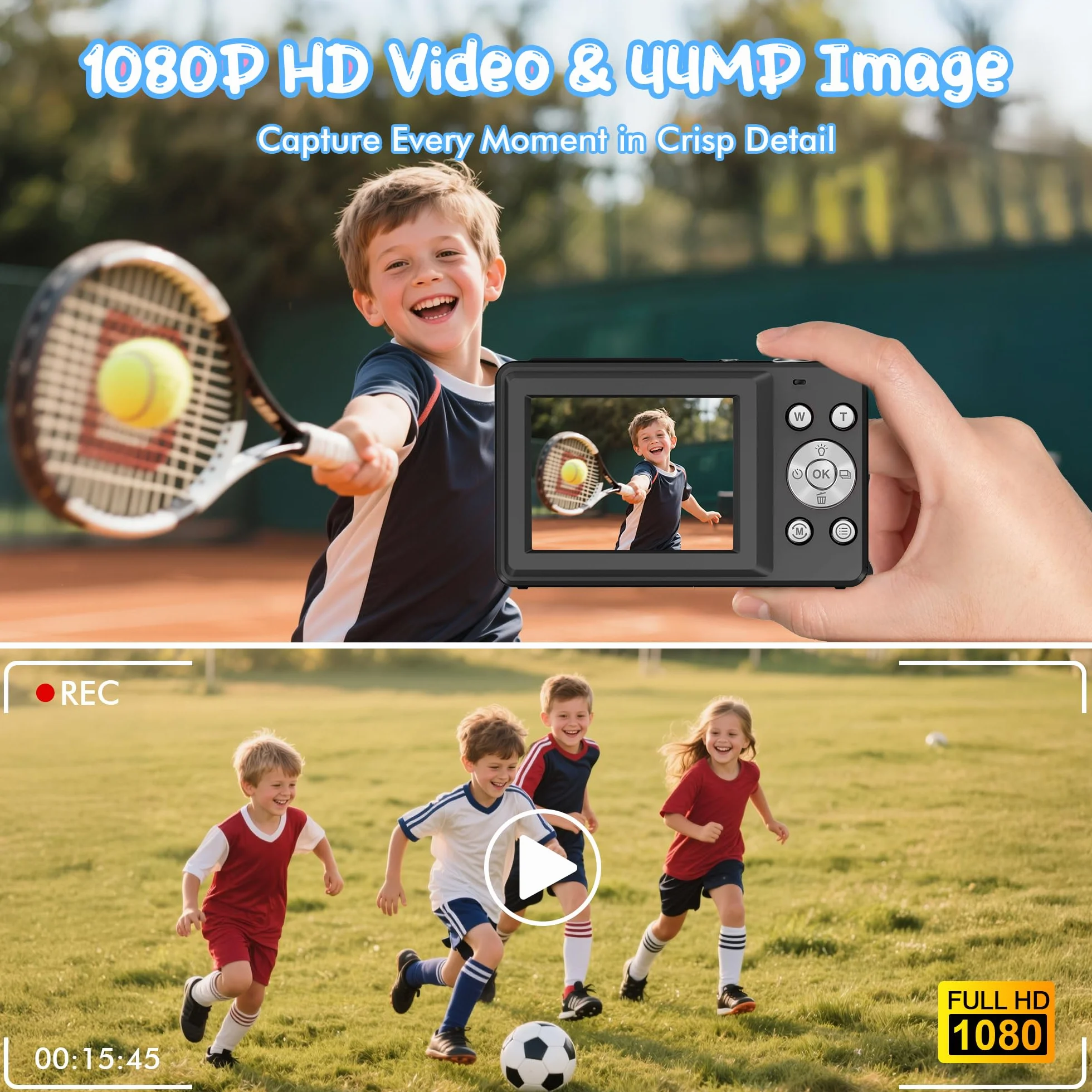 Fotocamera Digitale 1080P 44MP Vlogging Bambini FHD Compatta Portatile Schermo 2,4" Zoom 16X Anti-Shake Nero