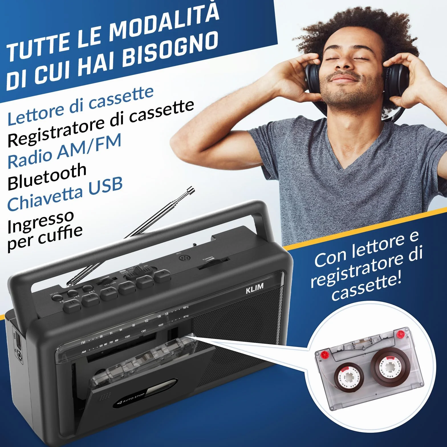 KLIM Lettore Cassette Audio Boombox Radio AM/FM Bluetooth Registratore a Cassette USB Altoparlante Portatile Retrò Nero