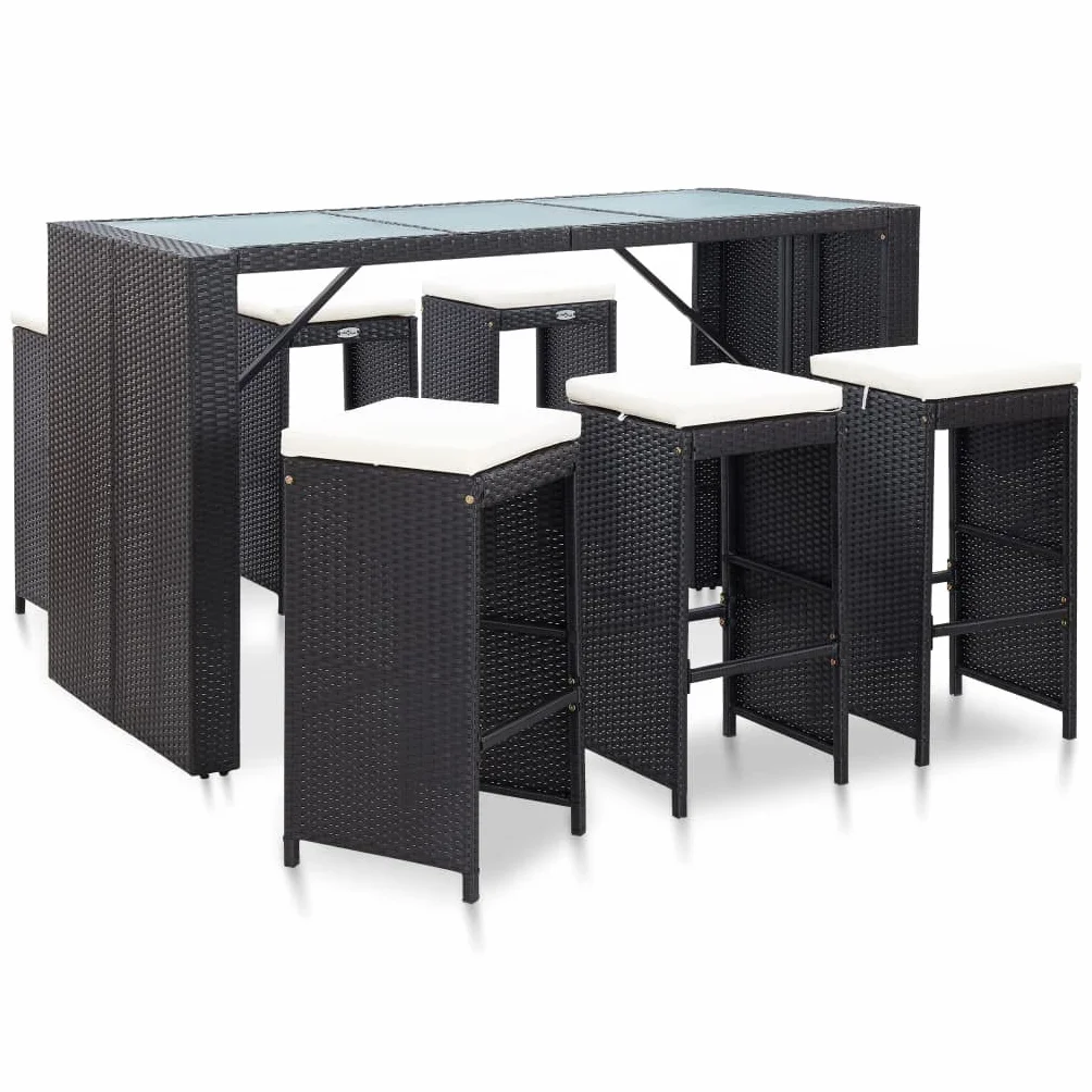vidaXL Mobile da bar da giardino 7 pezzi e cuscini in resina intrecciata nera