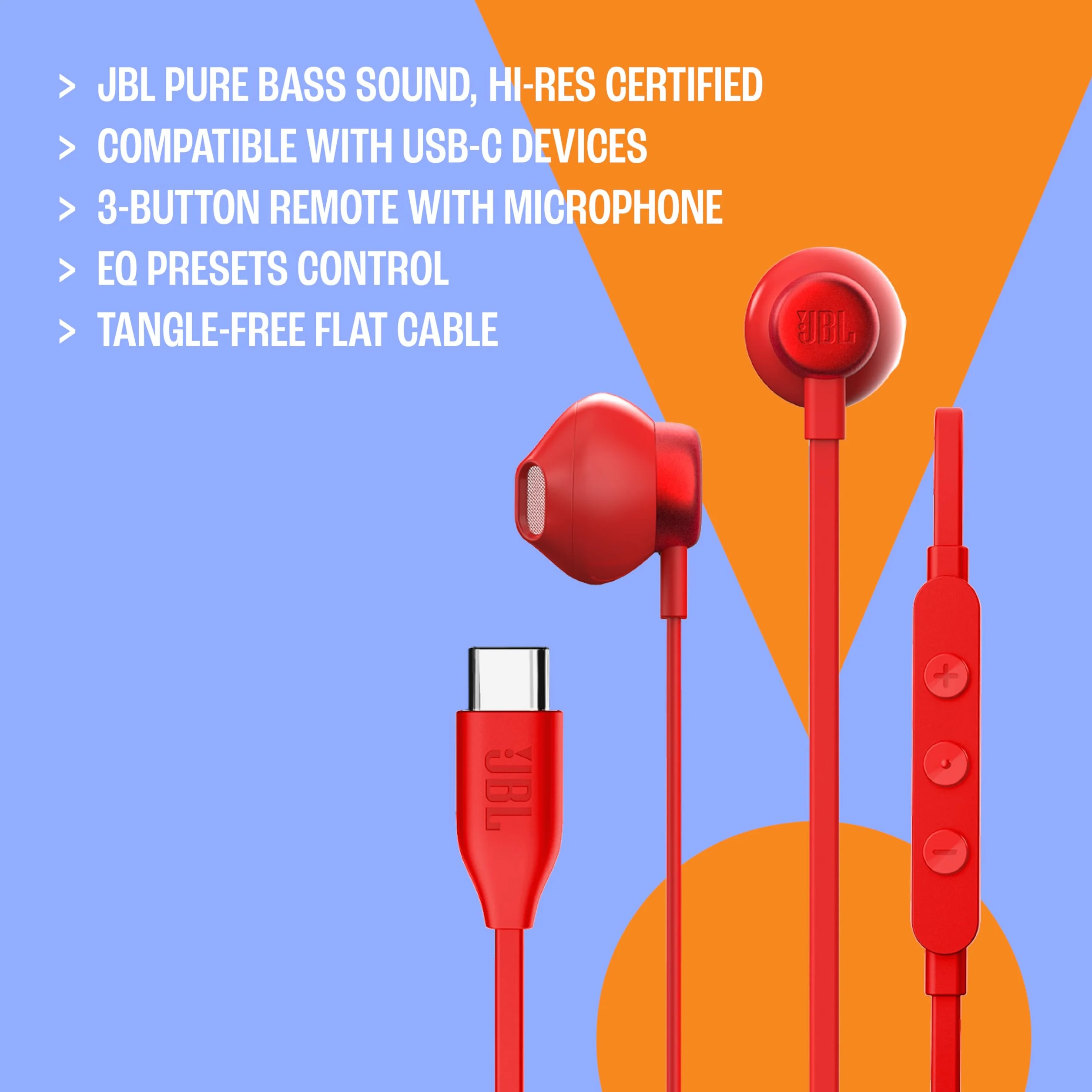 JBL Tune 305 C Auricolari USB-C Alta Risoluzione Audio Cavo Piatto Antigroviglio JBL Pure Bass Nero