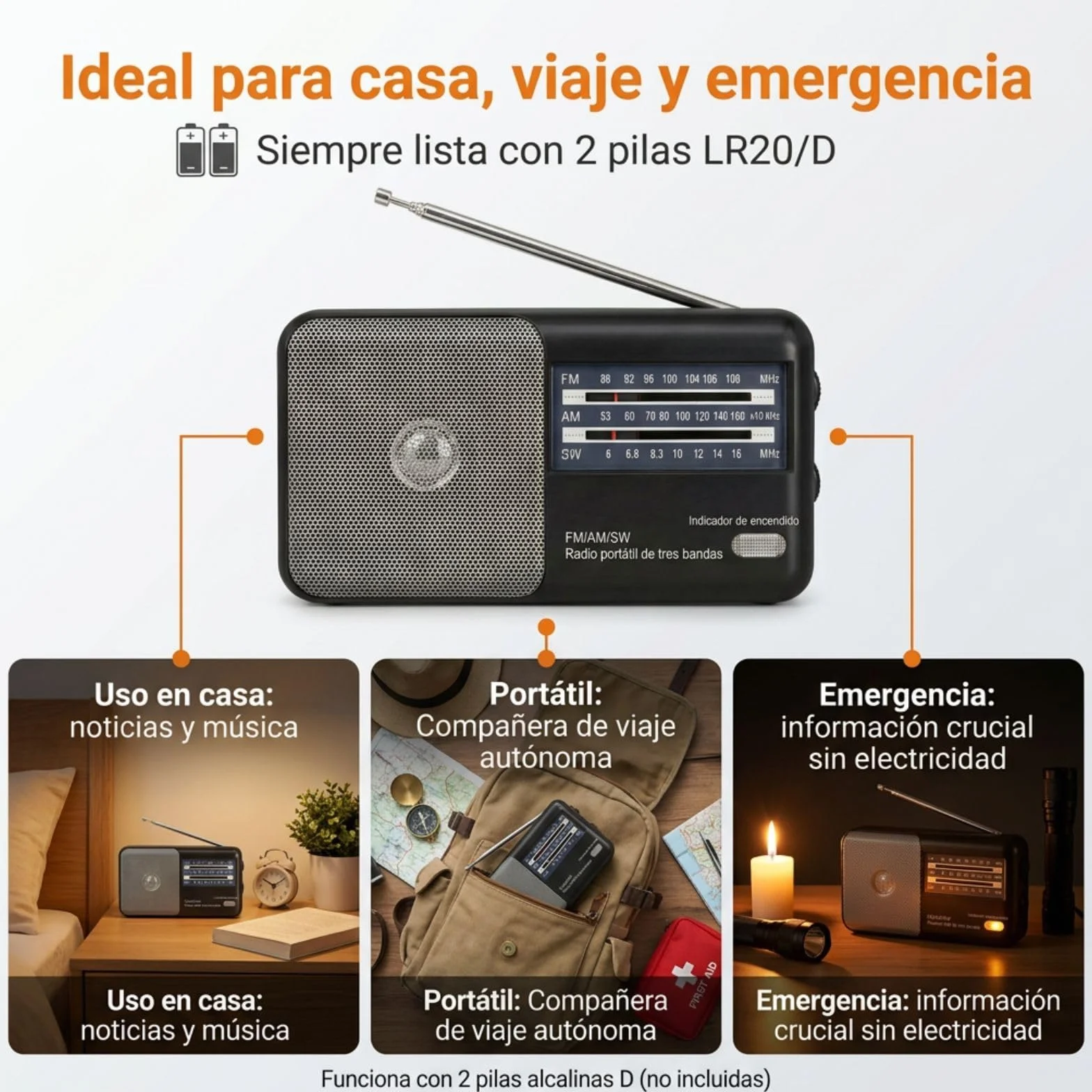 Radio portatile FM AM SW8~SW18 3 bande transistor, altoparlante potente, funziona con 2 batterie AA