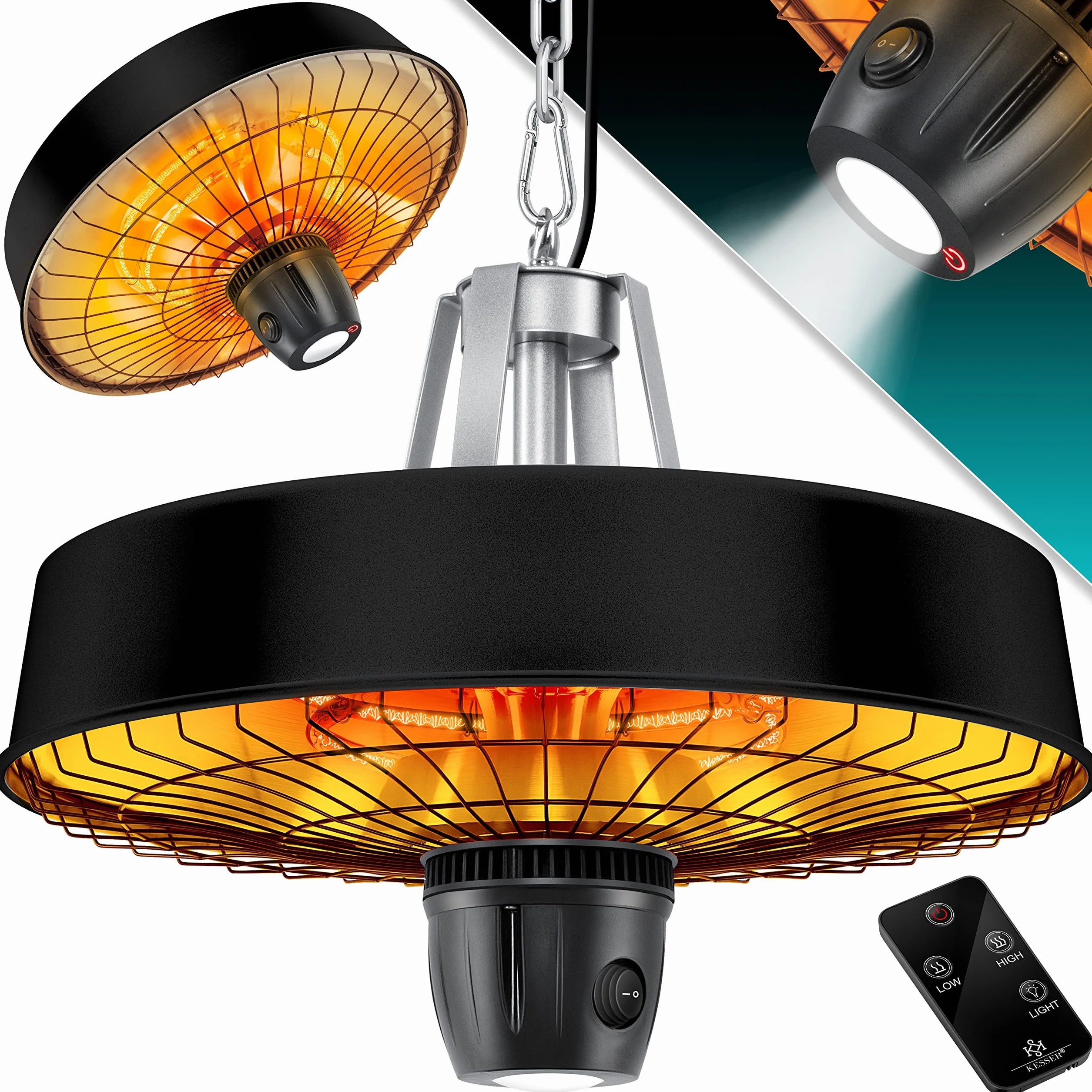 KESSER® Stufa da soffitto a forma di fungo, riscaldatore a infrarossi, 2500 W, con telecomando, faretto al quarzo, luce a LED, da soffitto, con catena + moschettone, elemento riscaldante in carbonio