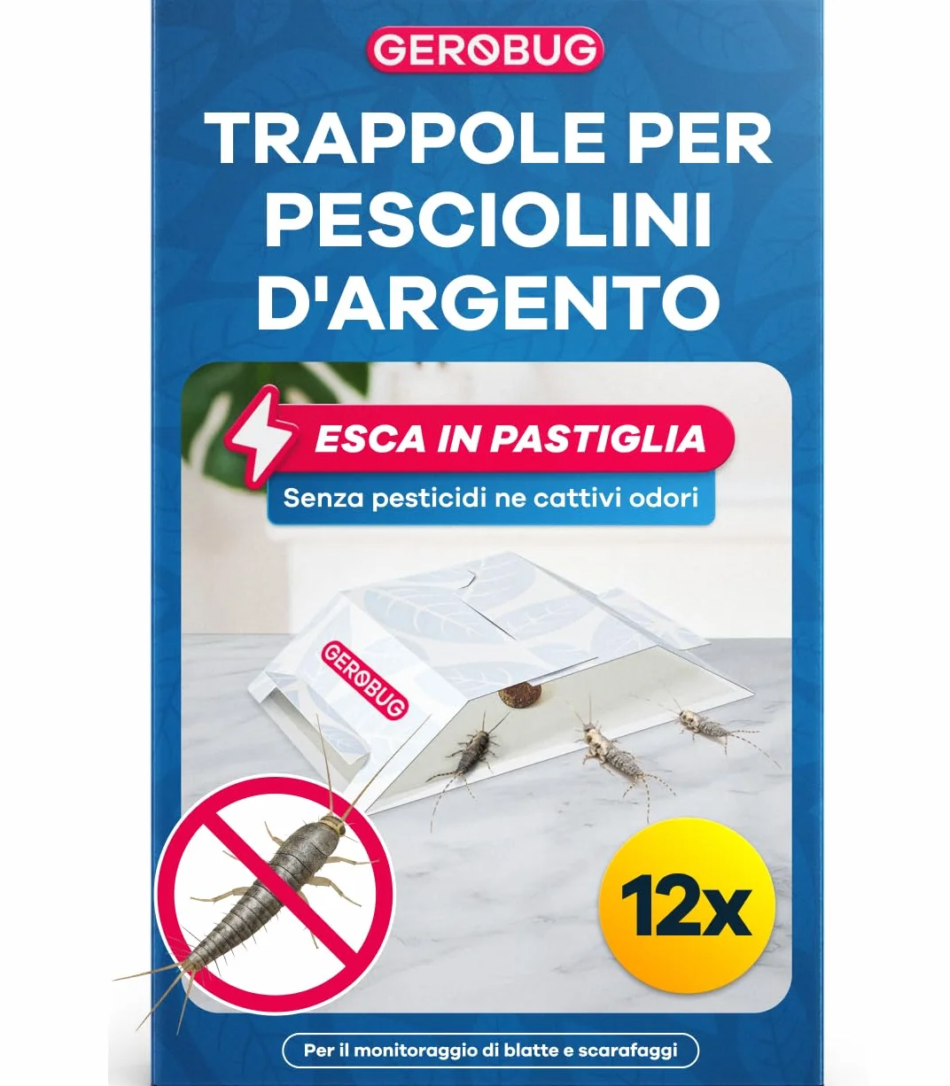 Trappola per pesciolini d'argento Gerobug 12 pezzi - Trappola collante con attrattivo atossico per il controllo delle infestazioni in tutti gli spazi abitativi - Trappola adesiva per pesciolini d'arge