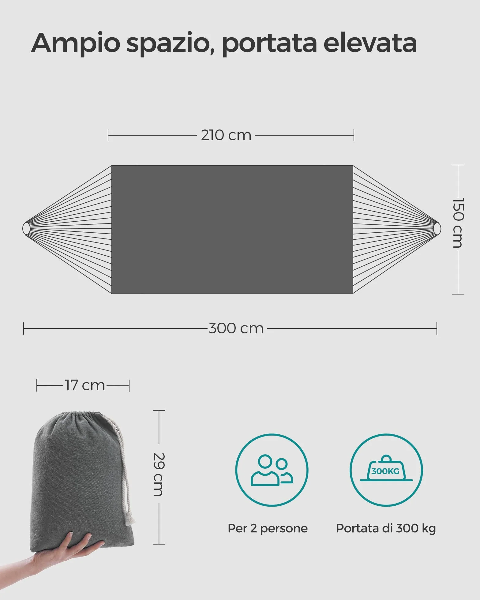 SONGMICS Amaca Doppia 210 x 150 cm 300 kg Grigio GDC15GY