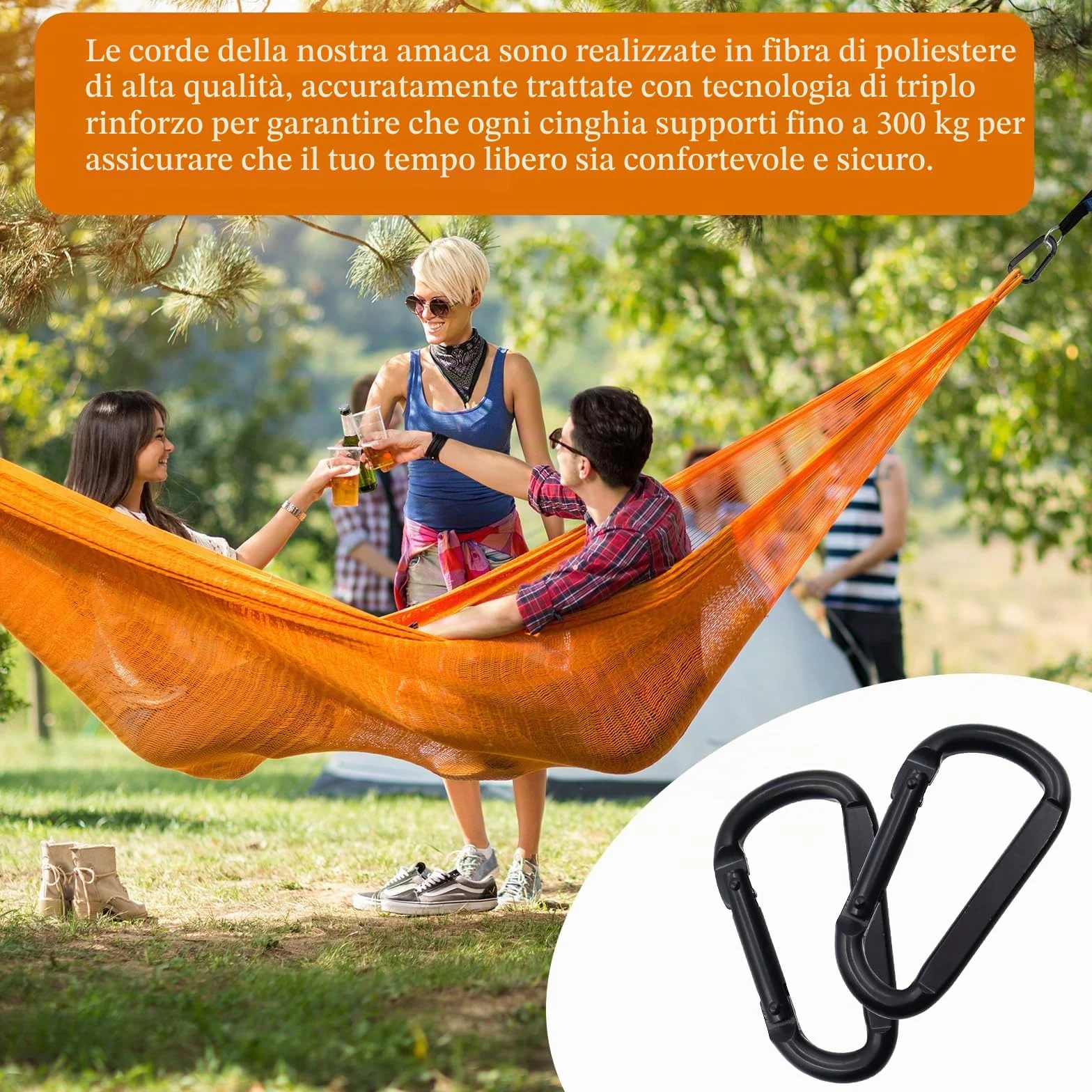 CONNECTION 2 Pezzi Cinghie per Amaca da Campeggio 2 m x 2.5 cm 300 kg con Moschettoni e Custodia