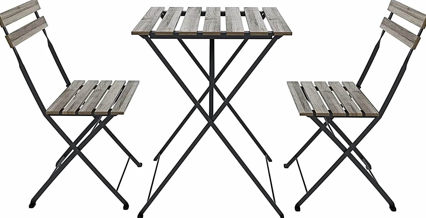 Bricozone Set Bistrot Tavolino Pieghevole e 2 Sedie Salvaspazio in Legno Acacia e Metallo per Patio Giardino Veranda Esterno Balcone Piscina Terrazzo Design Industrial Marrone e Nero