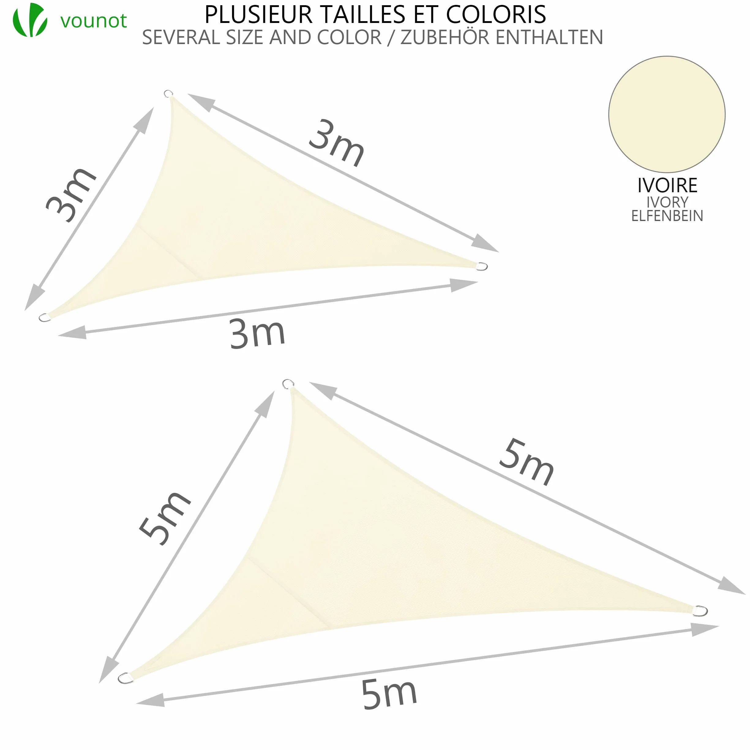 VOUNOT® Vela Ombreggiante Triangolare 5x5x5m, Tenda da Sole Impermeabile Protezione UV per Esterno Beige
