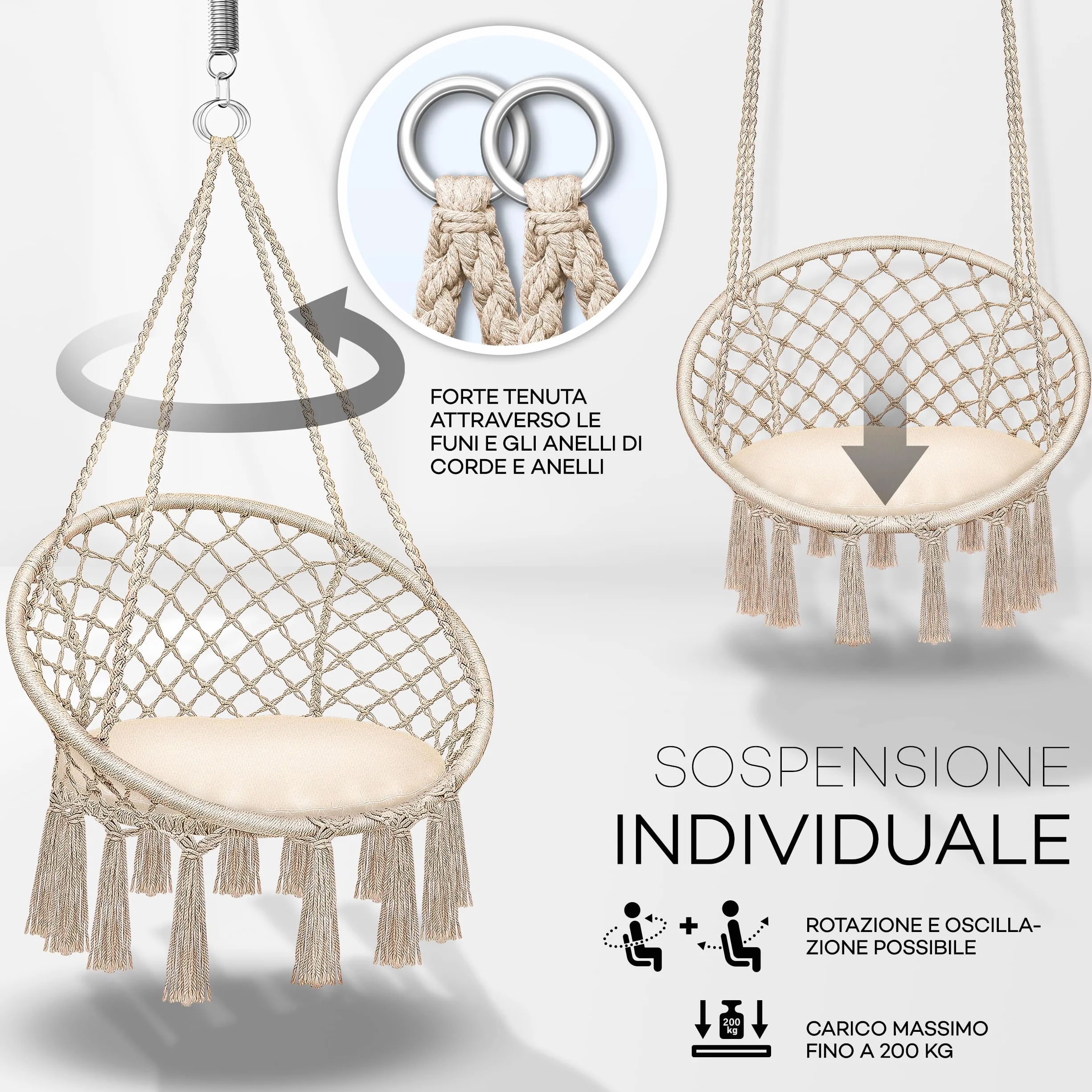 tillvex Poltrona Sospesa 200kg Amaca Sospesa Interno Esterno Sedia Appesa Resistente Intemperie Cuscino