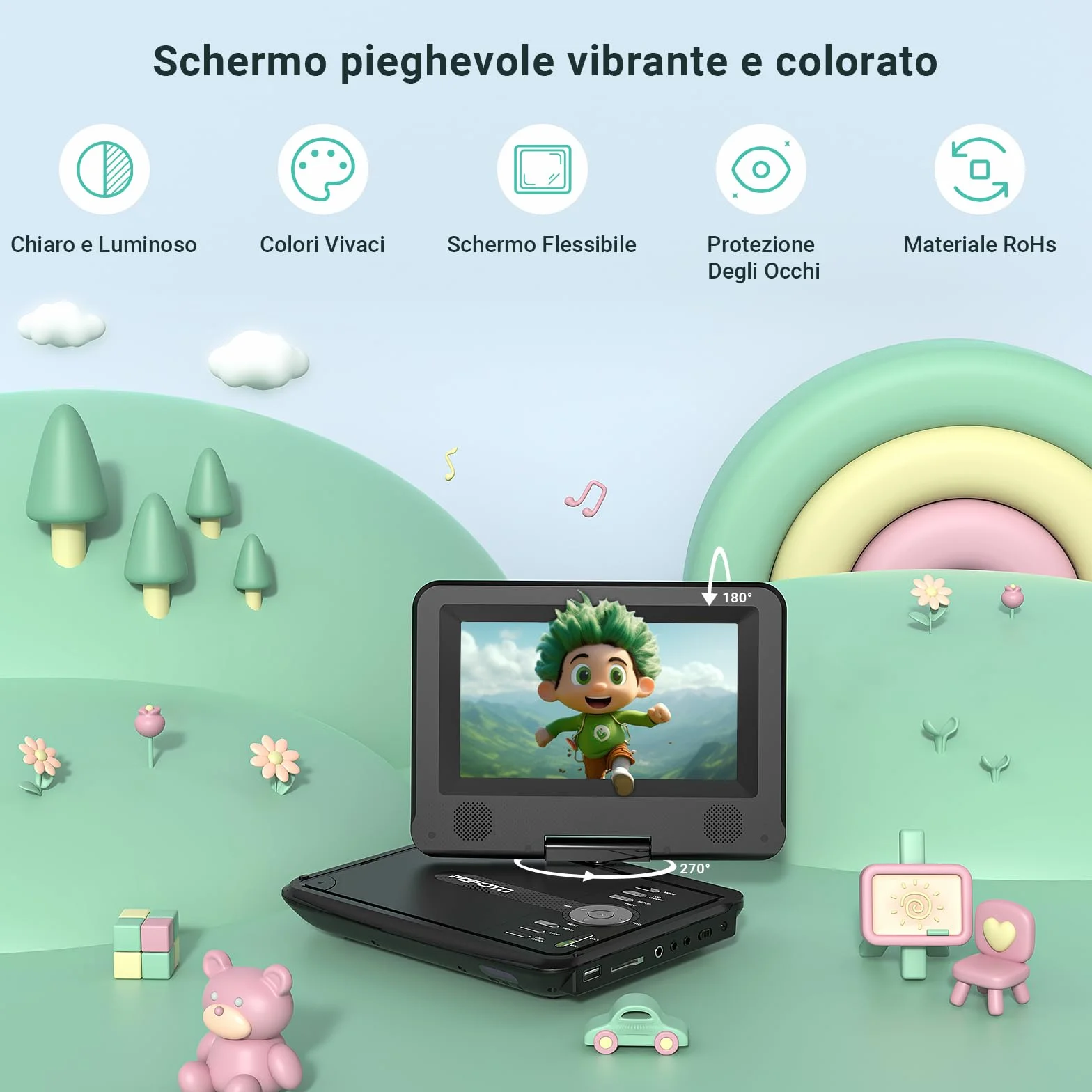POFOTO Lettore DVD Portatile 9,5'' Schermo HD Ruotabile 7,5'' Batteria 4-6 Ore Supporto Multiformato Dischi SD USB Antiurto