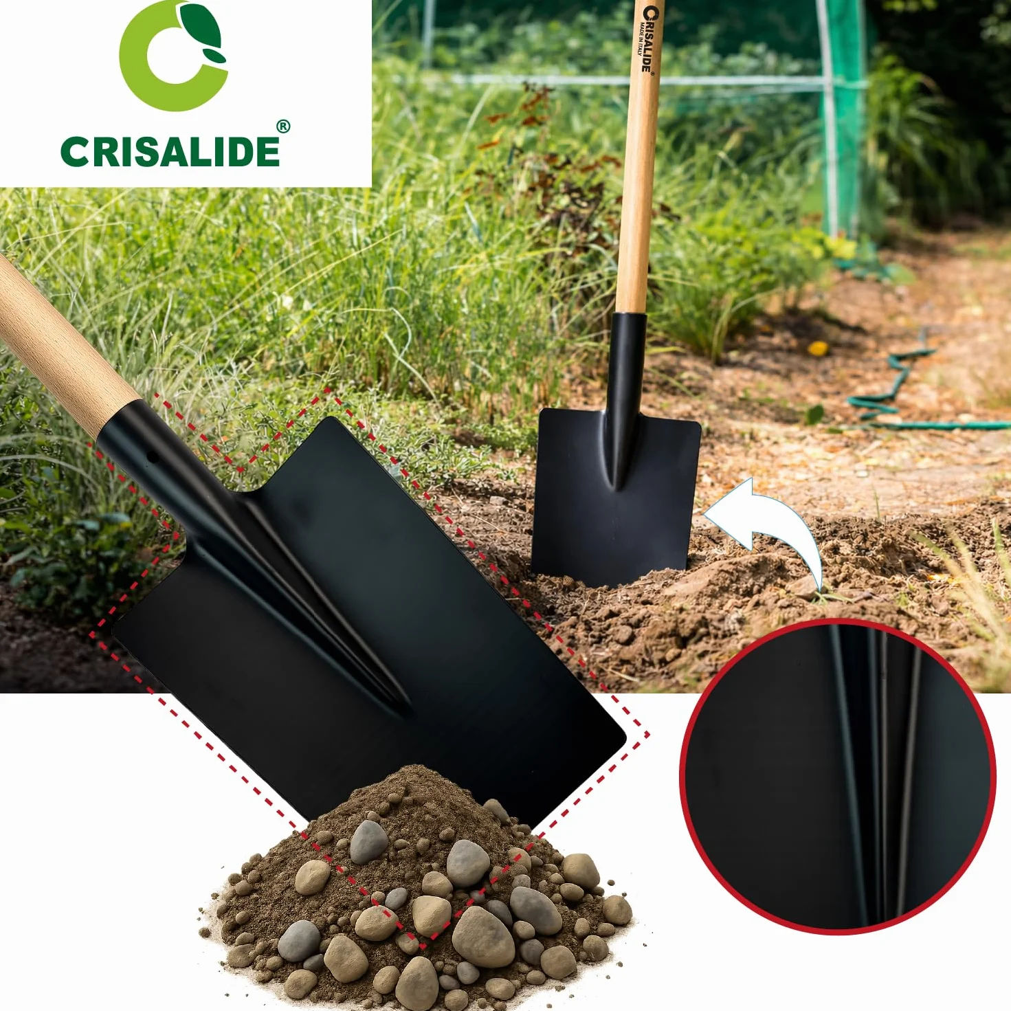 Crisalide® - Vanga Nera da Giardino con Manico in Legno di Faggio 135 cm – Scocca in Acciaio Verniciato Rinforzato, Attacco Conico con Vite Inclusa, Ideale per Terreni Duri, Rocciosi ed Erbosi