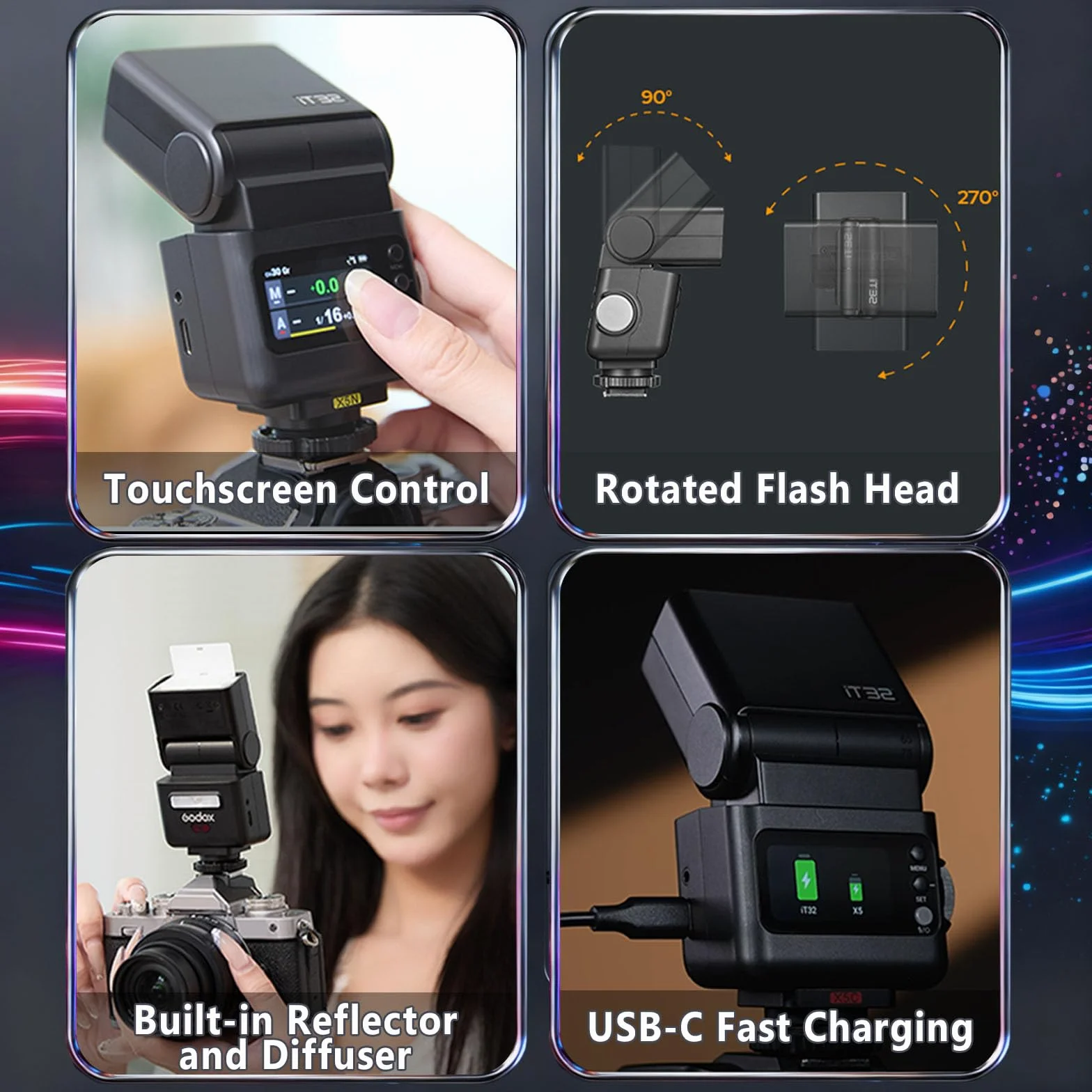 Godox iT32 TTL Flash for Sony, Wireless 2.4GHz HSS 1/8000s Touchscreen LED, Compatible Sony ZV-E10 a7IV a9III a6400 a6700