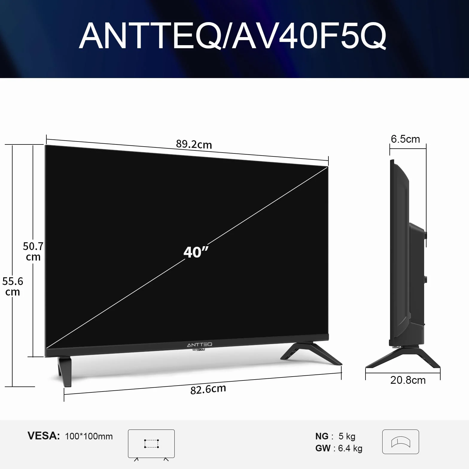 Antteq AV40F5Q 40 Pollici 2K QLED Smart TV HDR10 Bluetooth Triplo Tuner HD DVB-C/-S2/-T2