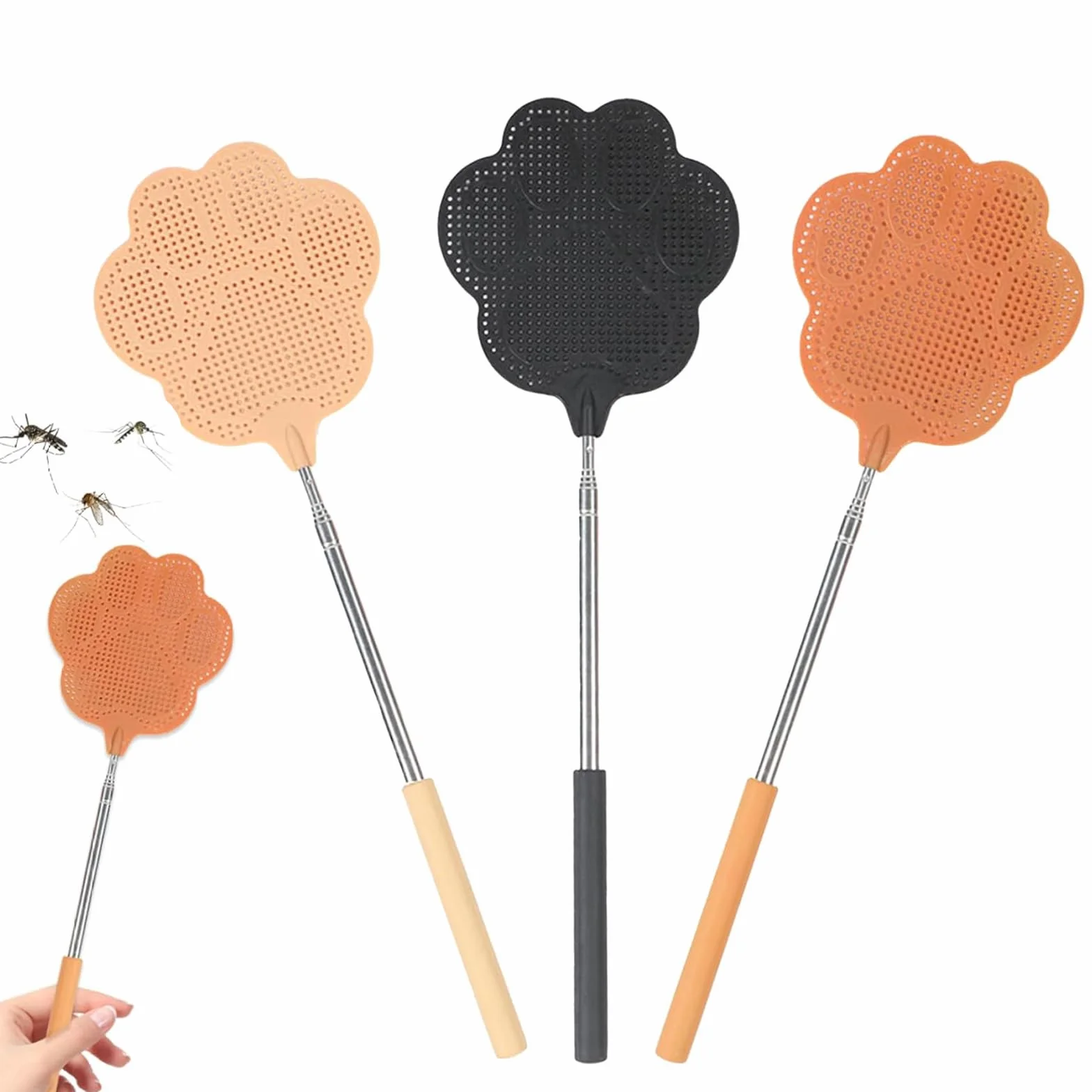 3 Pezzi Paletta Mosche Allungabile, Scacciamosche Telescopico in Acciaio Inox da 26 a 76 cm, Acchiappa Insetti Manuale a Forma di Zampa per Casa e Giardino, Nero Marrone Cachi