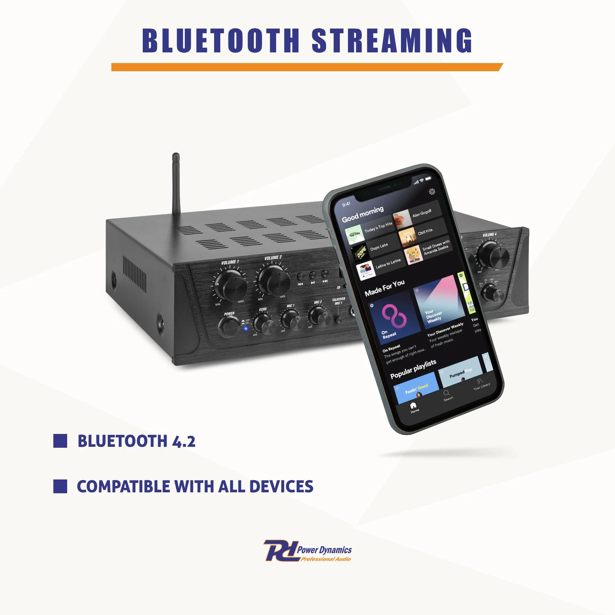 Power Dynamics PV240BT 4-zone versterker met Bluetooth, radio & mp3 speler, 8x 50W, Zwart
