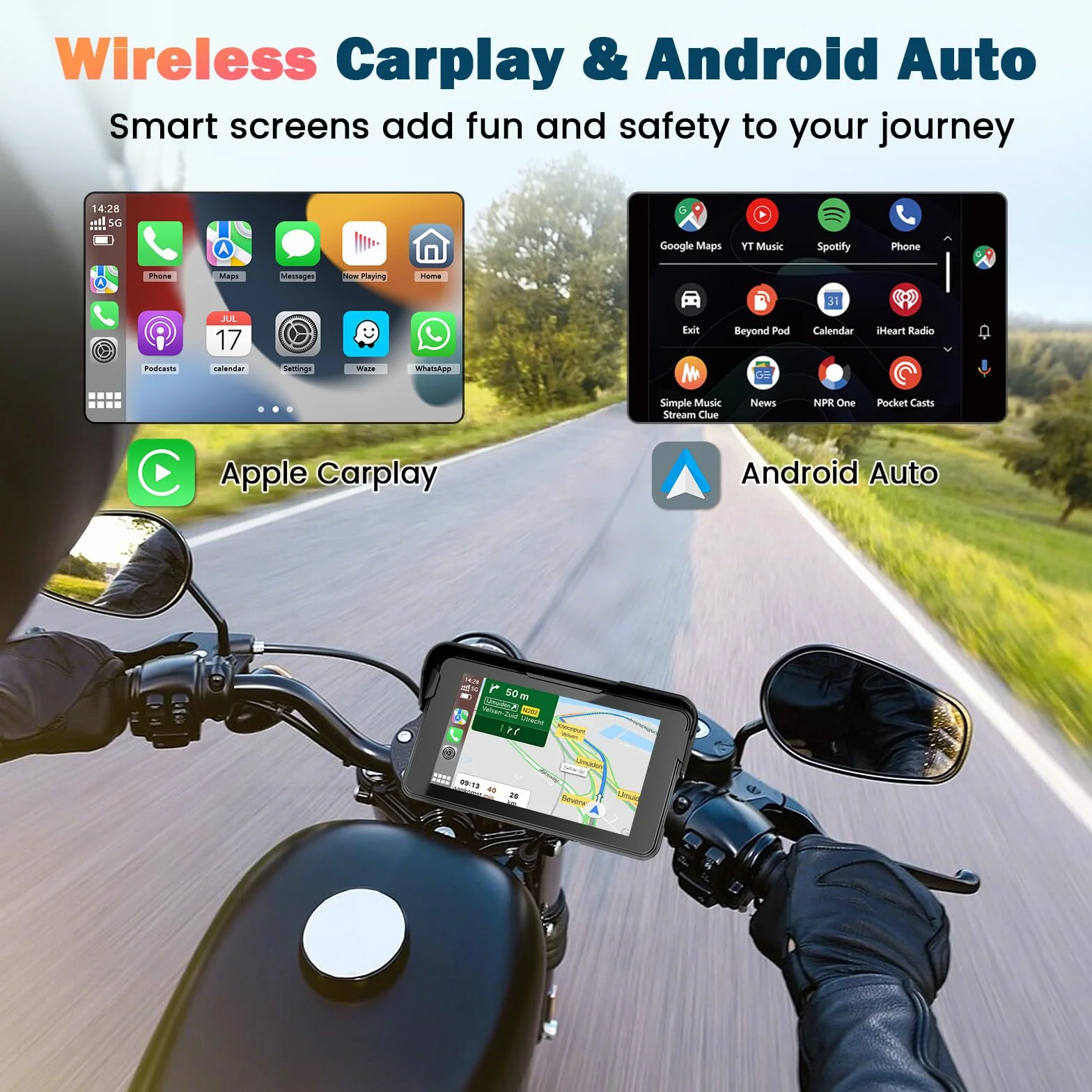 Navigatore Moto 5 Pollici Schermo Moto Carplay per Apple e Android Auto IP67 Impermeabile Touchscreen Bluetooth GPS