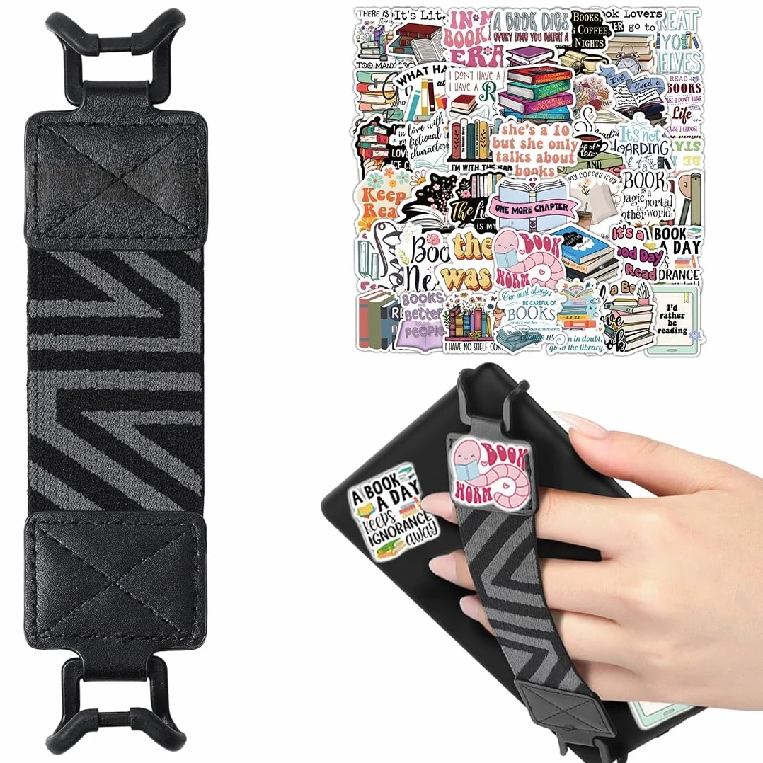 Cinturino da Mano Kindle Elastico Leggero per 6-8'' eReaders Fire Tablet, Supporto a Dito Nero + 50 Adesivi