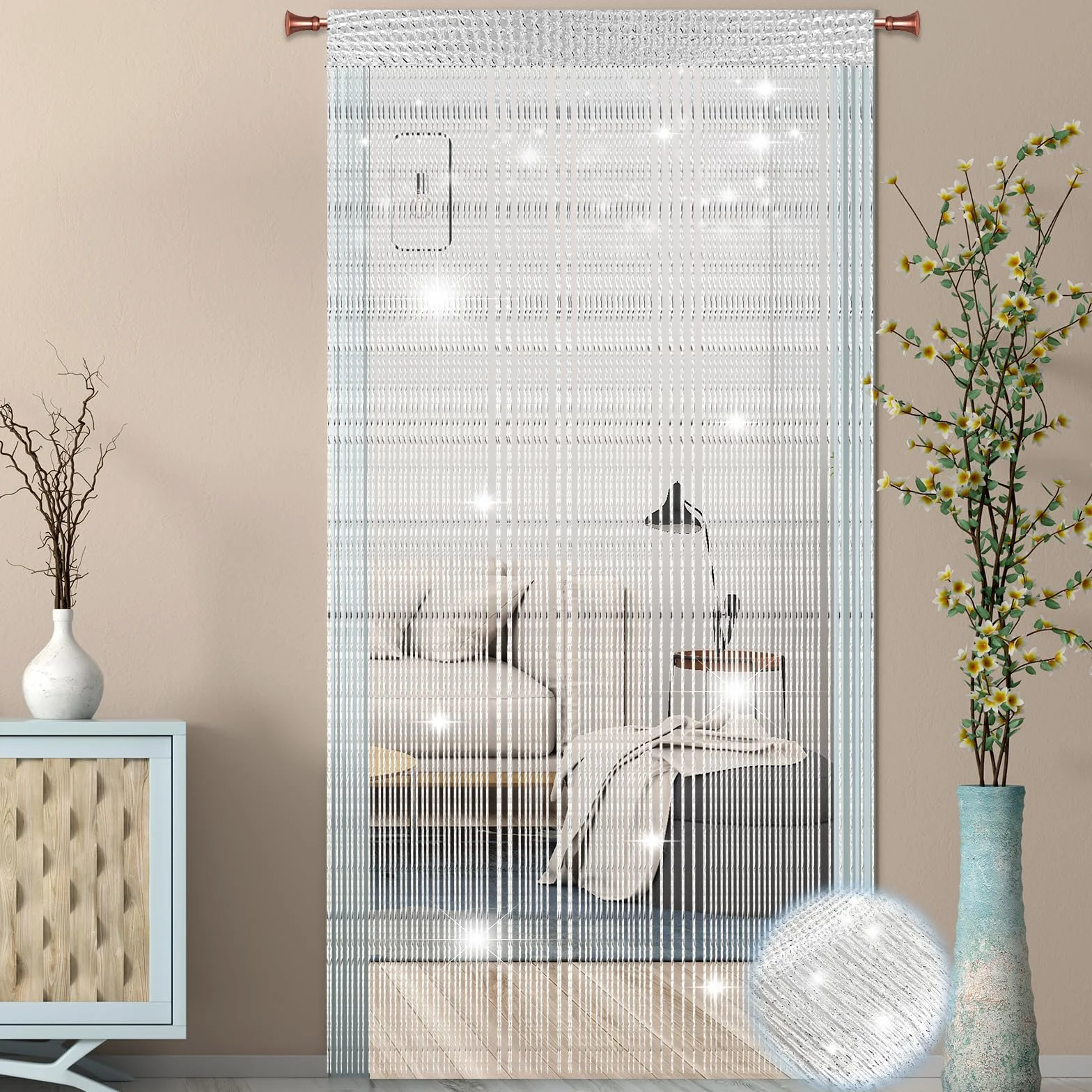 Farerkass 2 pezzi Tenda Antimosche per Porta Esterna, 95 x 200 cm Tenda a Fili, Fili Glitterata, Tende Antimosche per Soggiorno, Camera da Letto, Feste e Eventi, Matrimoni, Caffè(Bianco)
