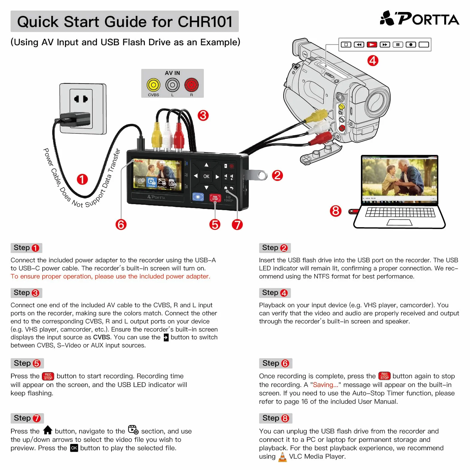 Convertitore da VHS a digitale Portta, registratore video con telecomando, compatibile VHS DVR Hi8 Mini DV console gioco
