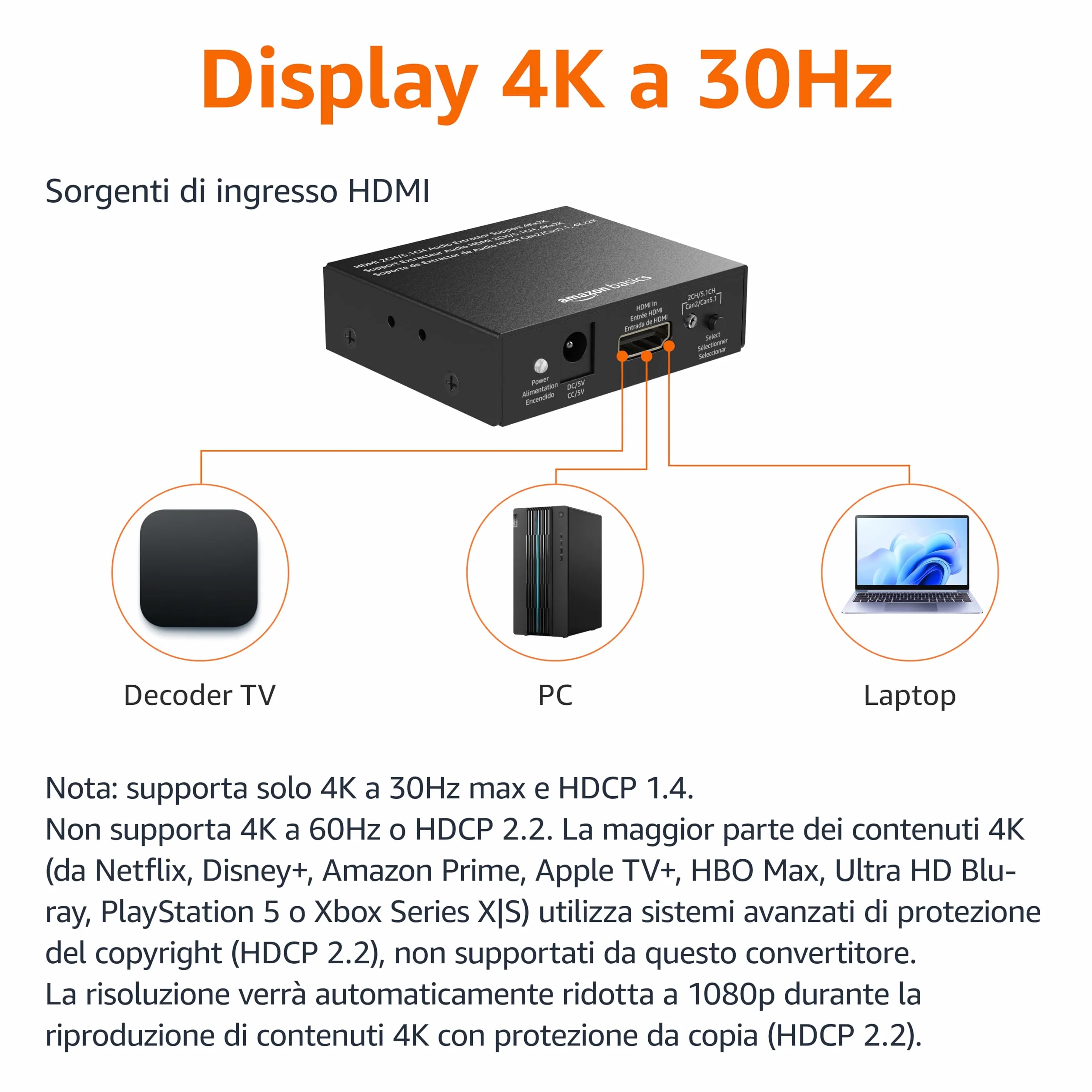 Amazon Basics Estrattore convertitore audio HDMI 4K@30Hz RCA stereo SPDIF Nero