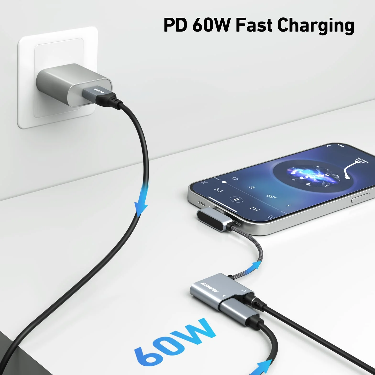 BENFEI Adattatore USB-C a Jack Audio 3,5 mm con Ricarica Rapida 60 W per iPhone 15 Pro Max, Samsung Galaxy S24, iPad Pro