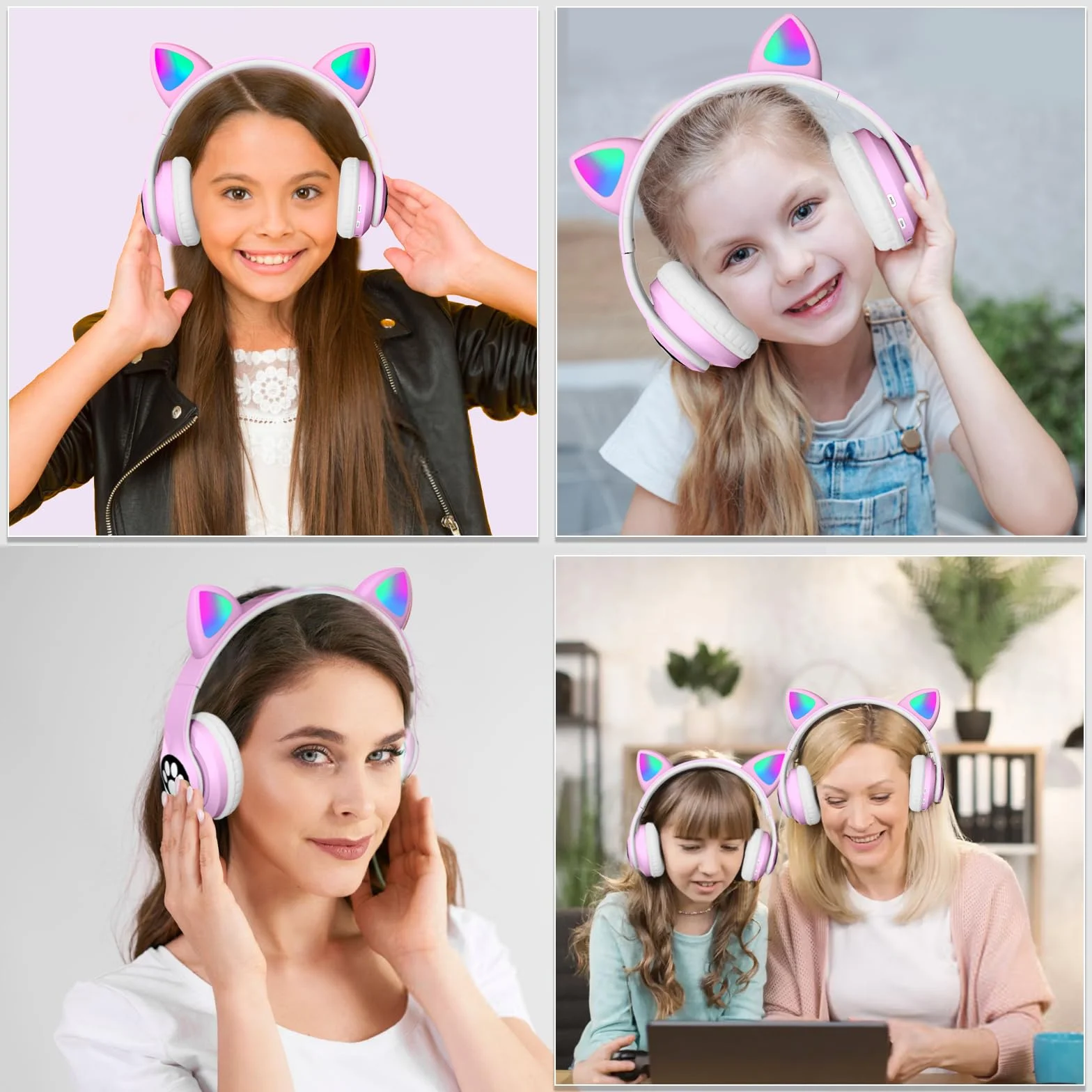 Cuffie Wireless Bambini con LED, Bluetooth Cuffie con Orecchie Gatto Pieghevoli con Microfono, Micro SD Regalo Natale Compleanno Ragazze Viola