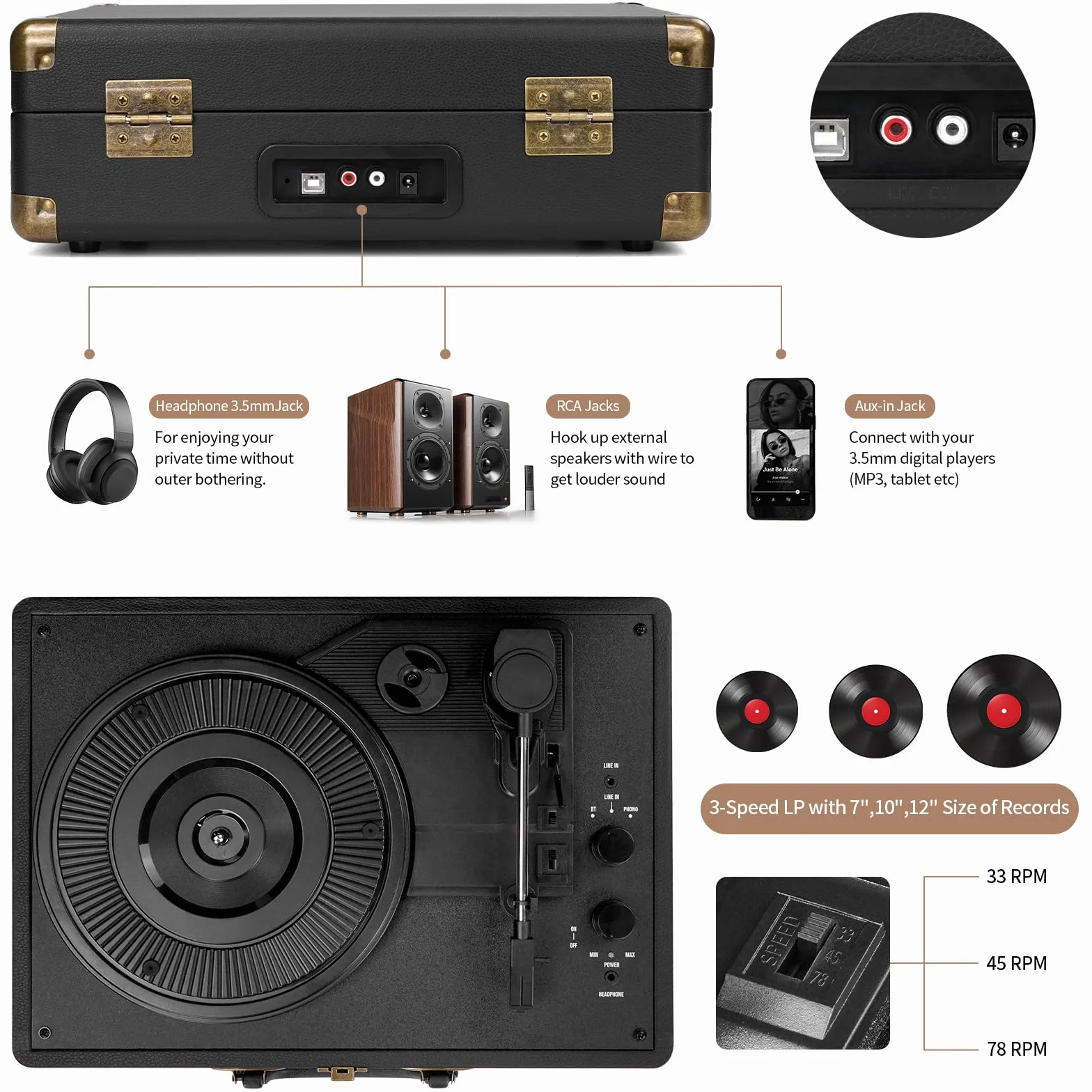 Giradischi in vinile Bluetooth portatile 3 velocità USB MP3 vintage valigia con altoparlanti integrati nero