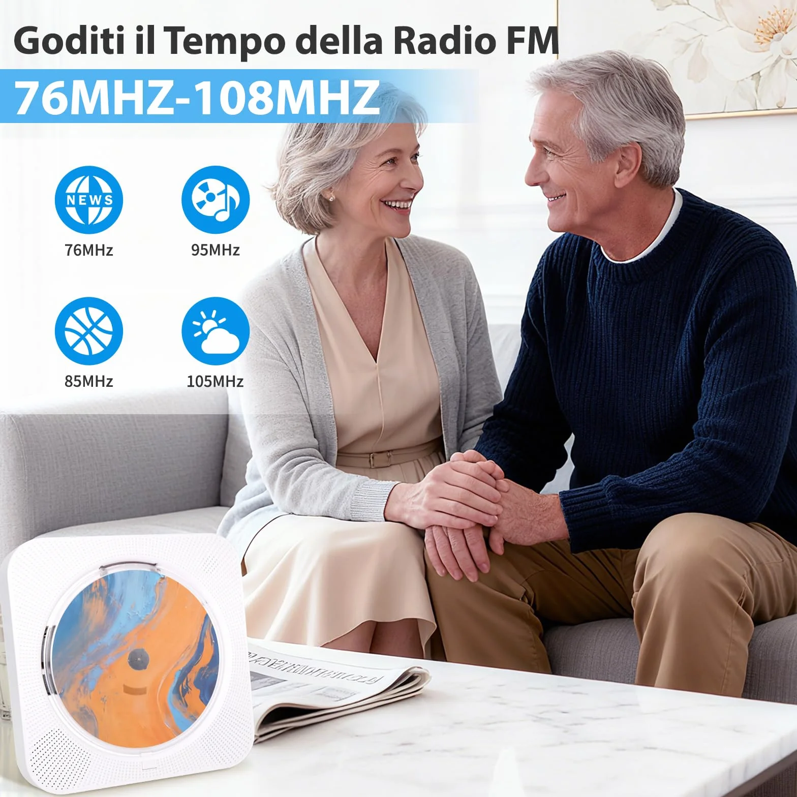 Lettore CD Portatile Bluetooth 5.1 con Altoparlanti, Radio FM USB/AUX, Bianco