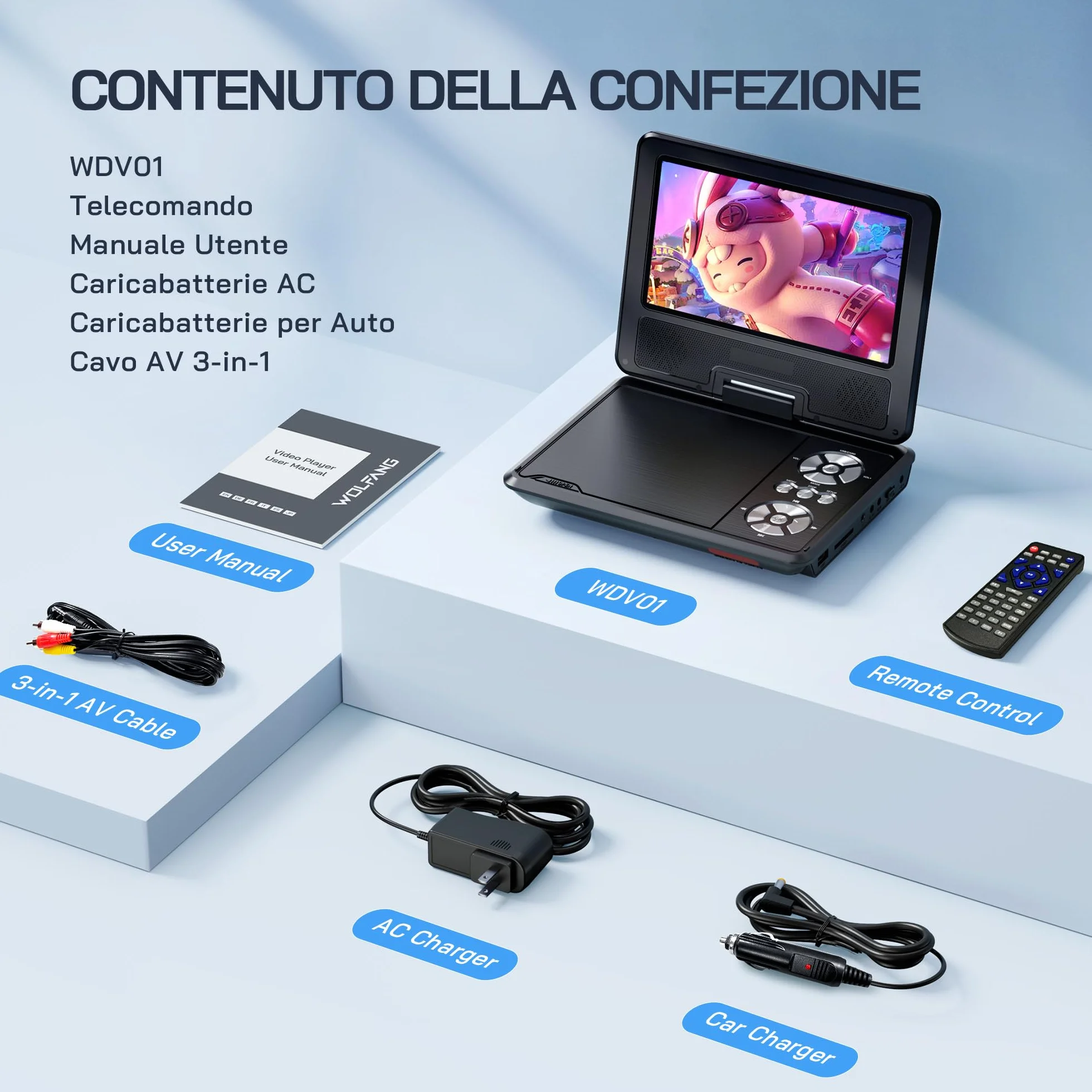WOLFANG Lettore DVD portatile 9,5" schermo girevole HD 7,5" altoparlanti stereo batteria 6 ore Sync-TV USB SD