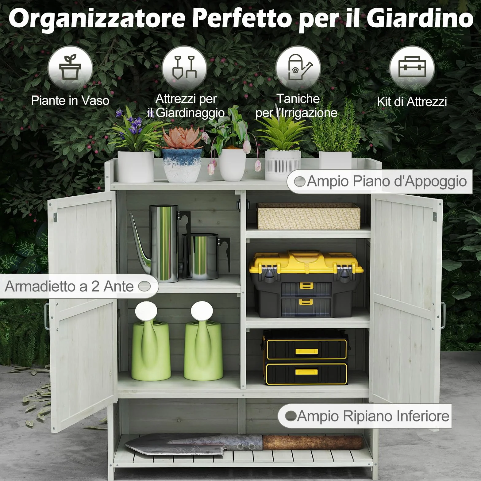 COSTWAY Armadio da Esterno in Legno Massello con Ripostiglio, 2 Ante e Piano di Lavoro