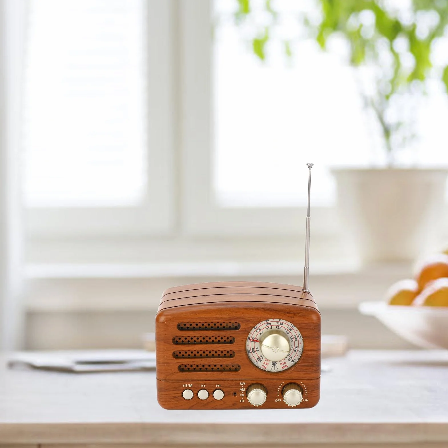 Radio AM FM vintage Altoparlante retrò portatile USB con antenna regolabile, batteria 1800mAh, legno