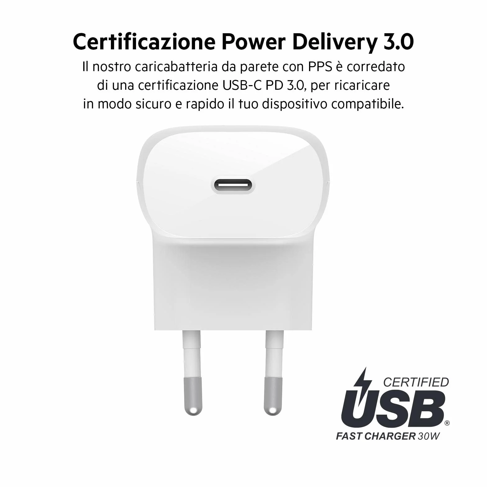 Belkin Caricabatteria da parete USB-C 30W PPS PD 3.0 per iPhone 16 15 14 Galaxy S24 S23 iPad AirPods MacBook Air