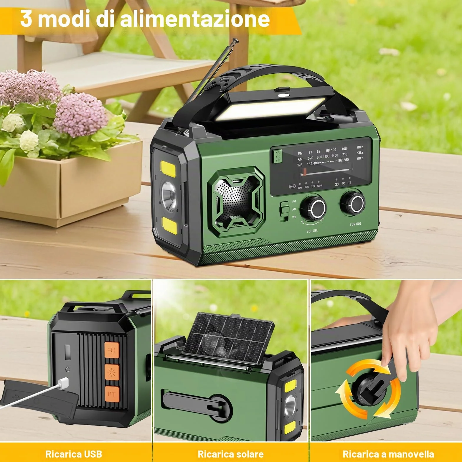 Radio Manovella 27000 mAh AM/FM Portatile Solare Emergenza Bluetooth Power Bank