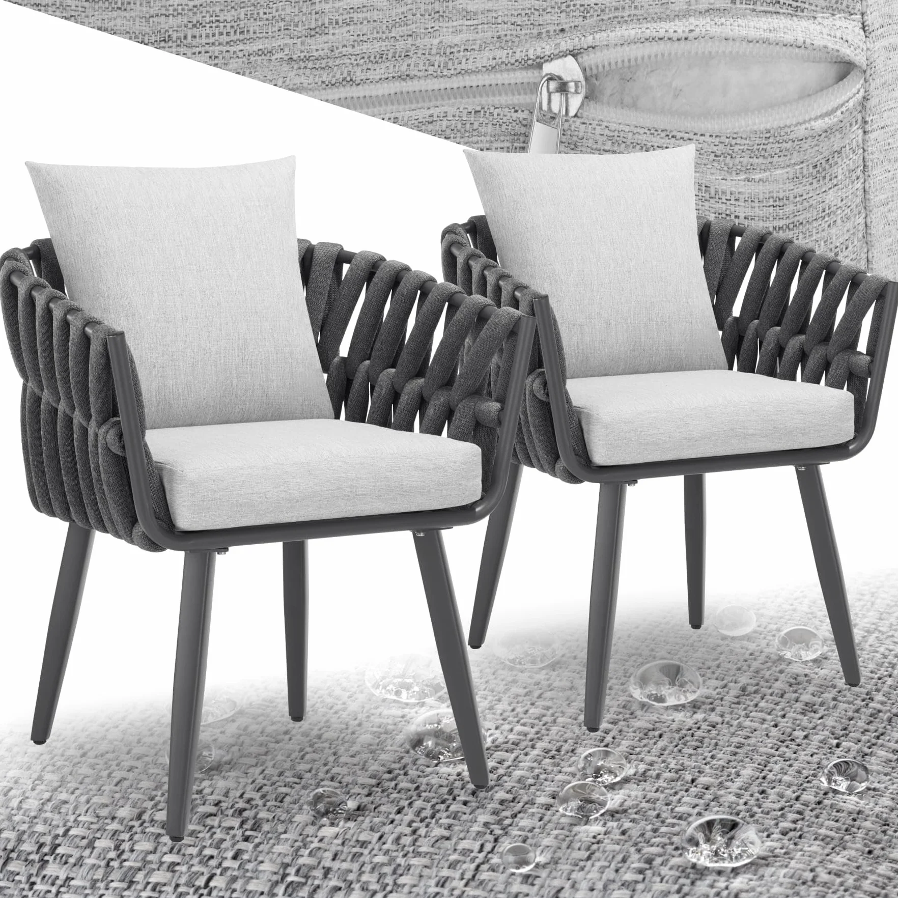 tectake® Set di 2 Sedie da Giardino, Design a Corda, Struttura in Alluminio, Cuscini Extra Spessi e Super Morbidi, Rivestimenti Idrorepellenti e Lavabili, Piedini Regolabili in Altezza - Antracite