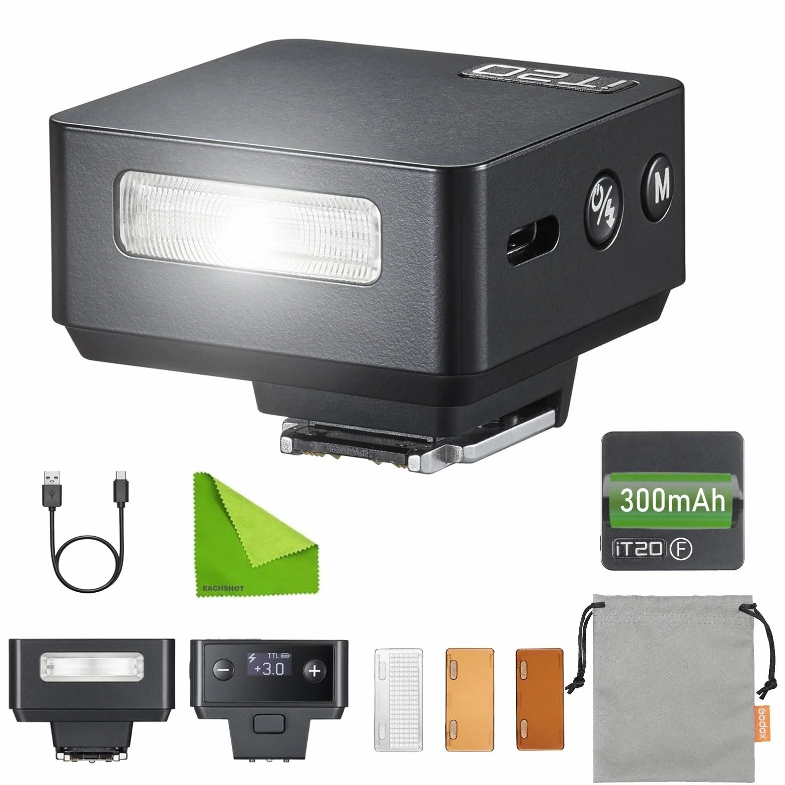 Godox iT20 F Flash TTL per Fujifilm, Mini Flash con Filtri Magnetici, Riciclo 1,5s, Compatibile X100VI GFX100RF XS20 XS10 XT30 II XT5 XM5 GFX50, Nero