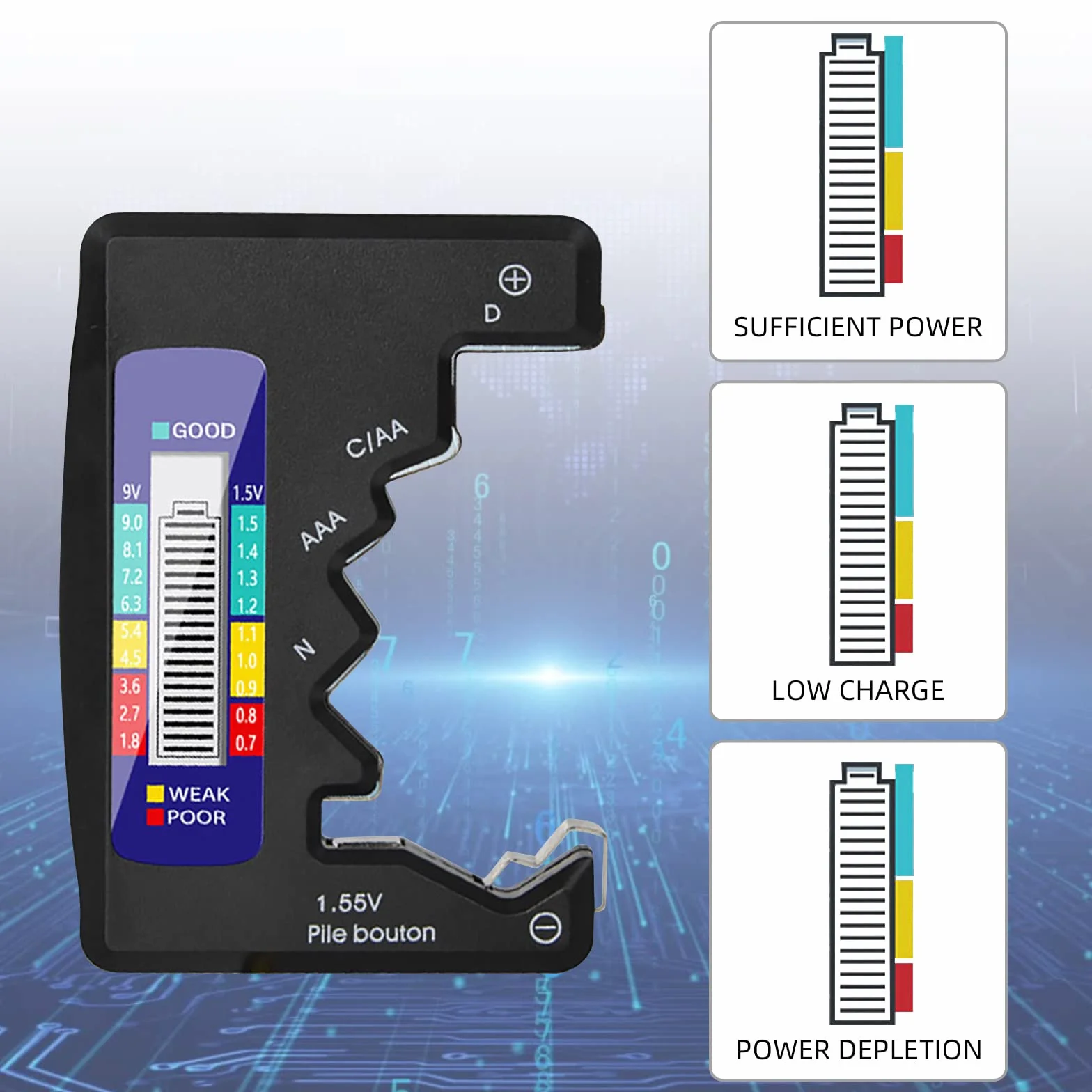 Tester della Batteria Universale con Display LCD Digitale per Batterie AA/AAA/C/D 1,5V-9V